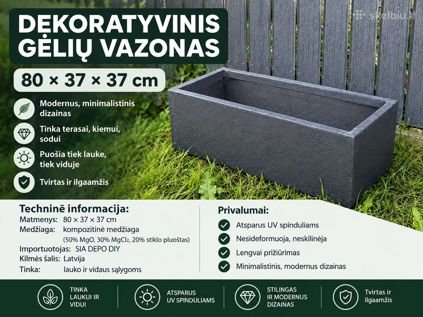 Įvairaus dydžio vazonai laukui ir namams.