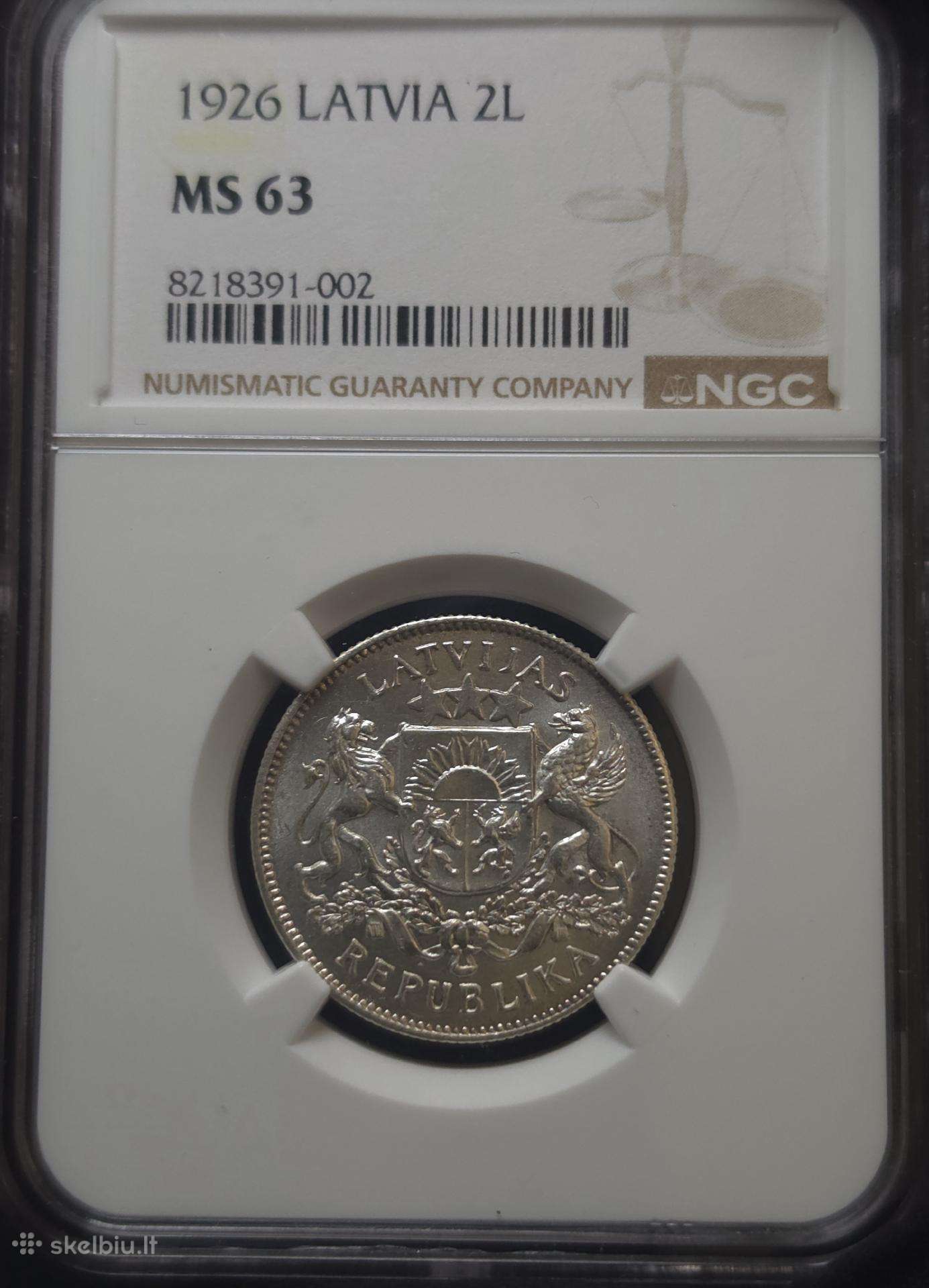 2 latai, Latvija (1926 m.) (Ngc Ms 63)