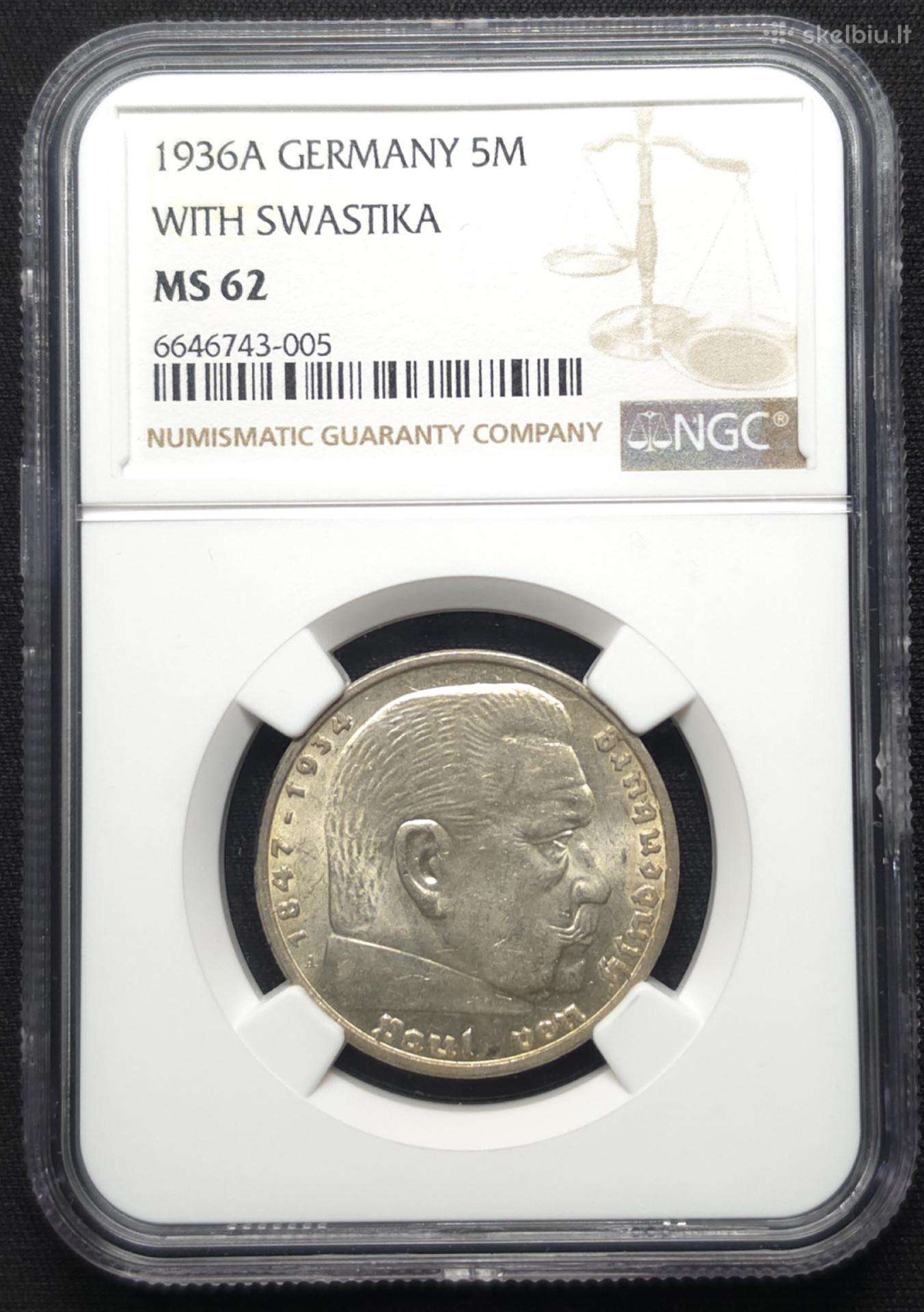 5 Reichsmarkės, Vokietija (1936 A) (Ngc Ms 62)