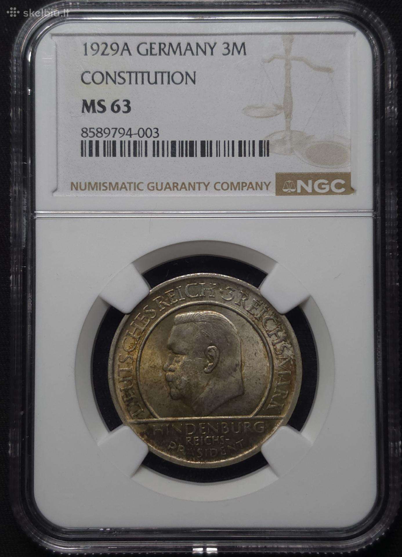 3 Reichsmarkės, 1929 m. Konstitucija. Ngc Ms 63