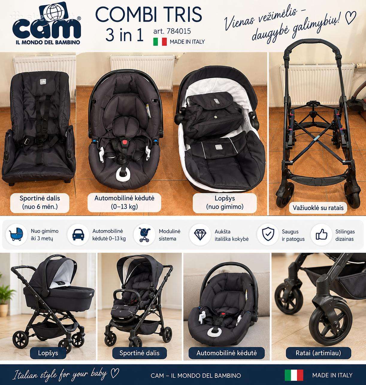 Cam Combi Tris 3 in 1 vaikiškas vežimėlis