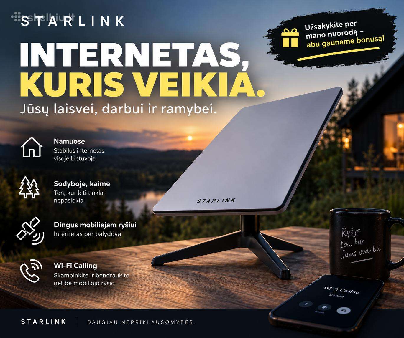 Starlink internetas Lietuvoje + bonusas užsakant
