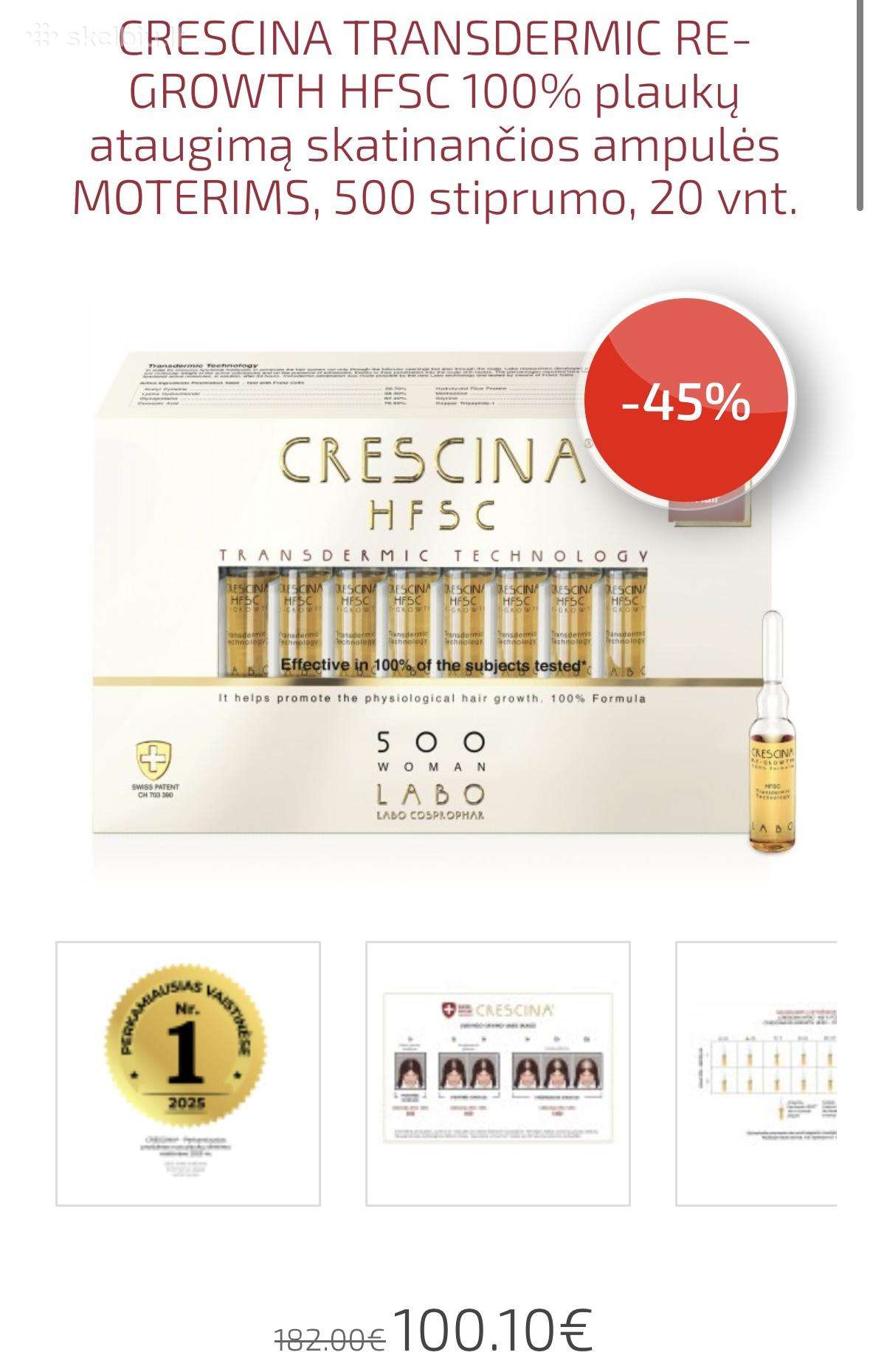 Crescina Transdermic Re-growth 500, 20 ampulių