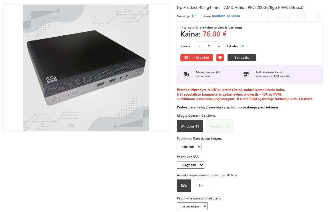 Hp Prodesk 405 g4 mini (dm)-8gb RAM/256gb SSD- 76€