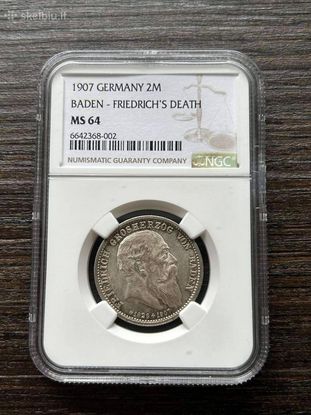Vokietija 2 markes 1907 Baden Ngc Ms64