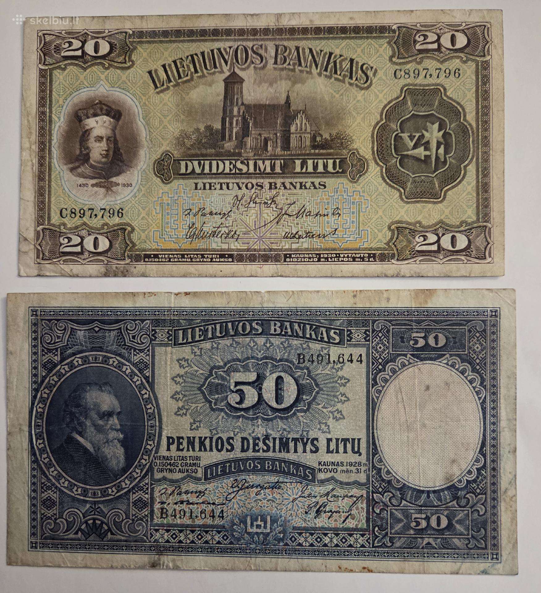 20 Litų 1930 m ir 50 Litų 1928 m