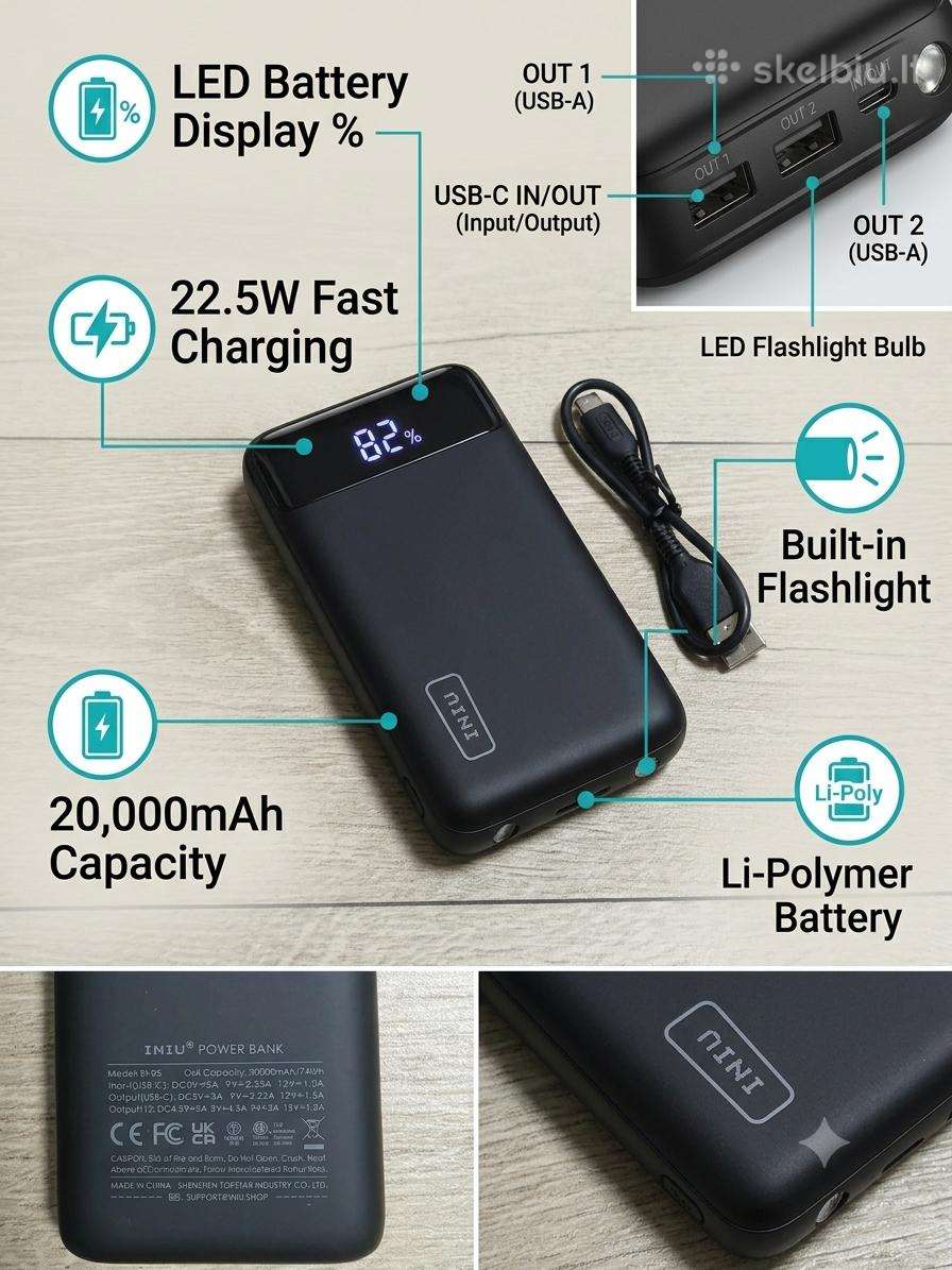 (Power Bank) Iniu 20000mah 22.5w (Kaip nauja)
