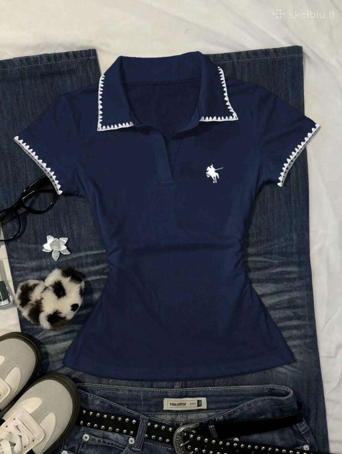 Navy Blue Polo Shirt with White Trim&embroidered