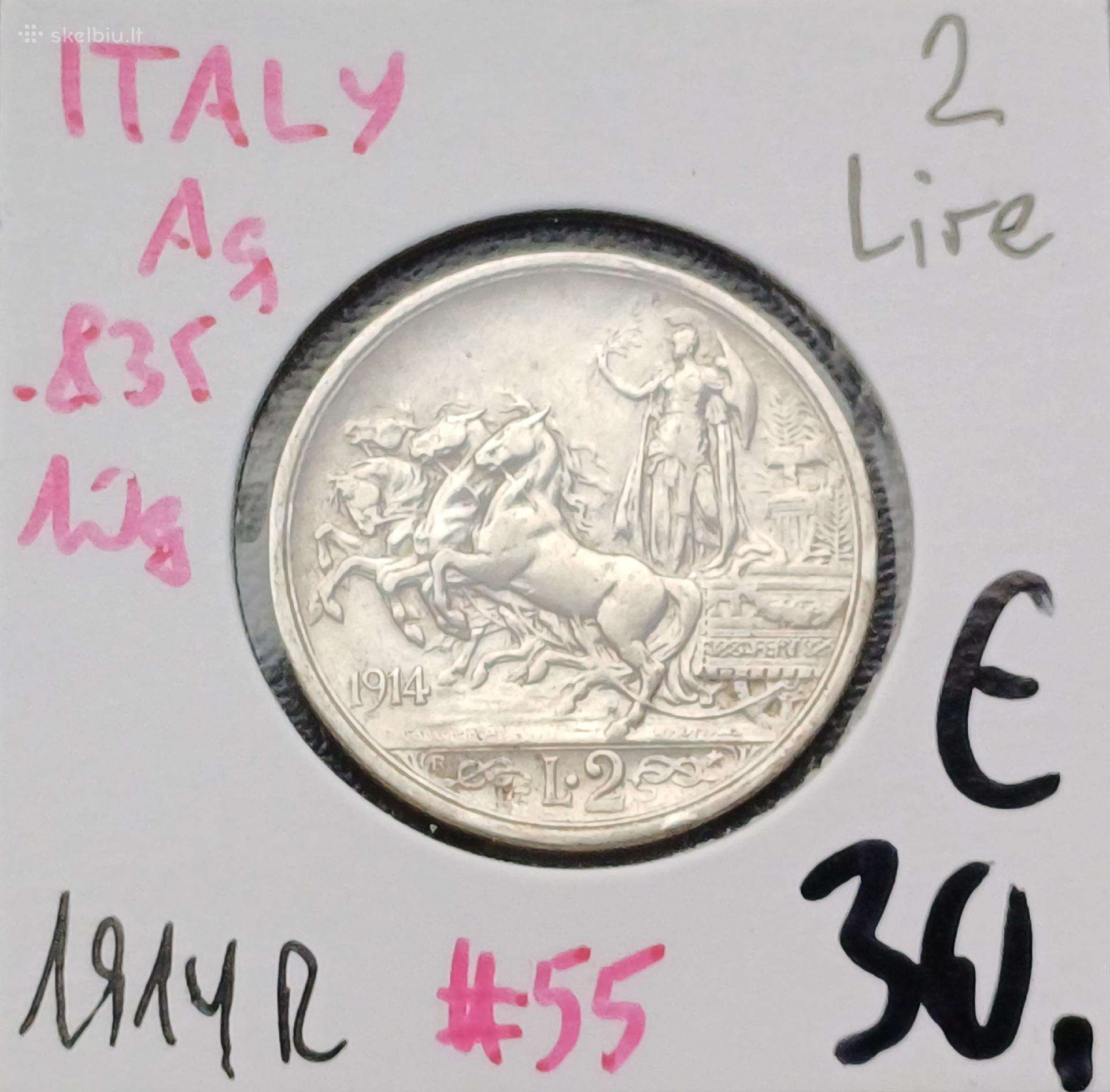 2 liros 1914m. Italija sidabras
