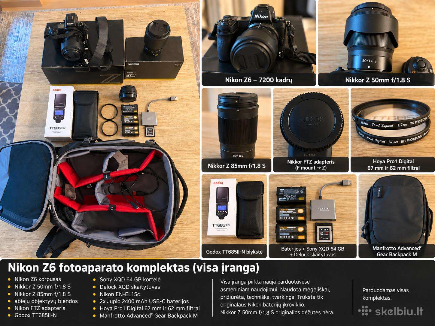 Nikon Z6 komplektas+50mm+85mm+godox+kuprinė