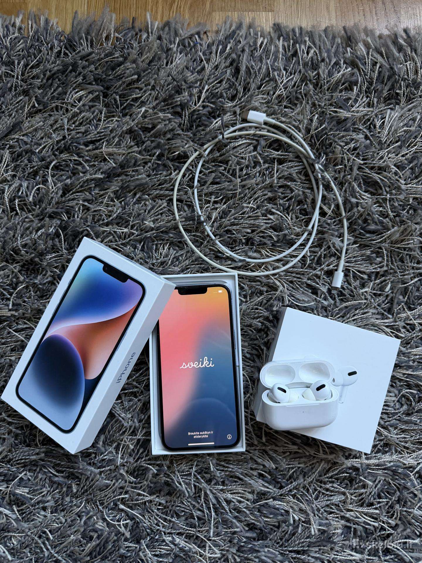Parduodu iPhone 14 128gb + airpods pro ausines
