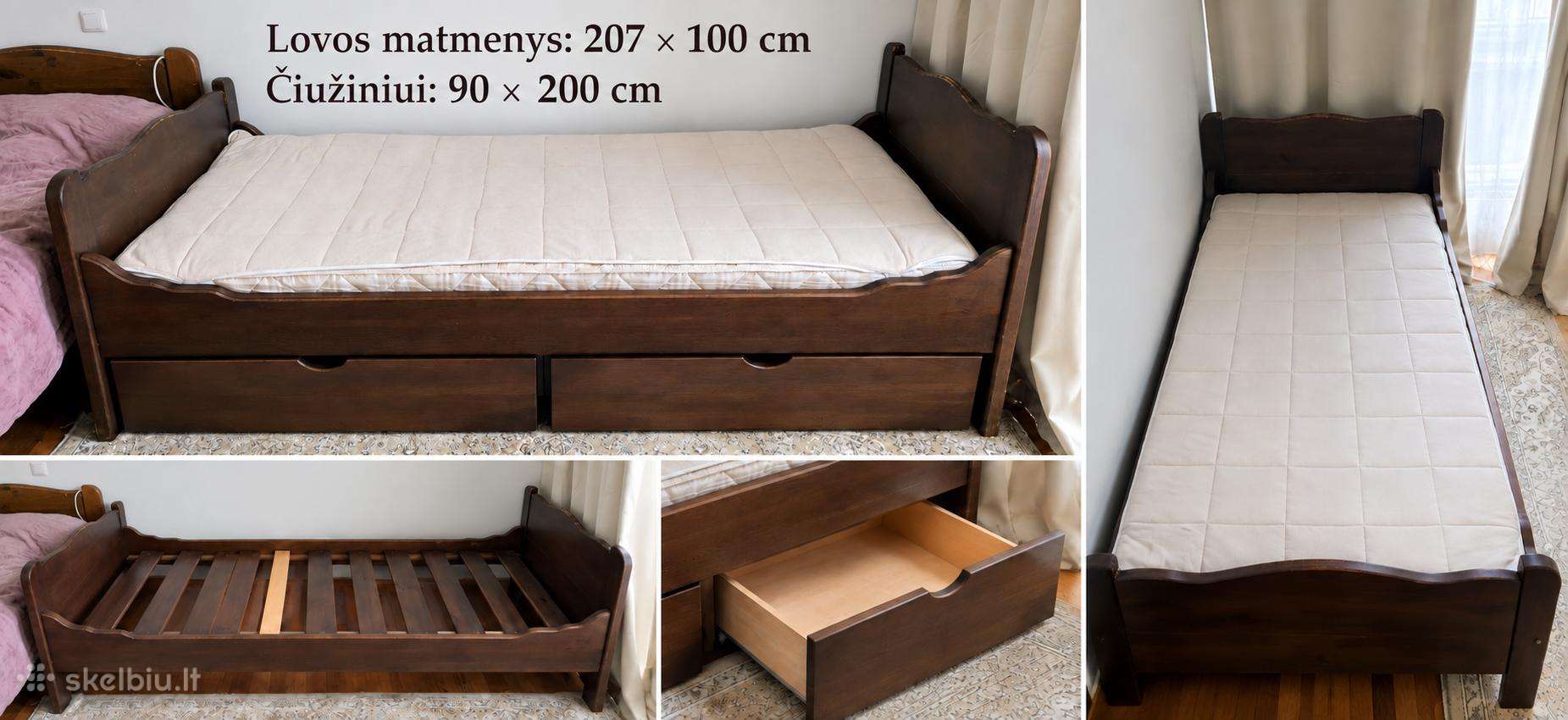 Natūralaus medžio lova 90 x 200 su stalčiais