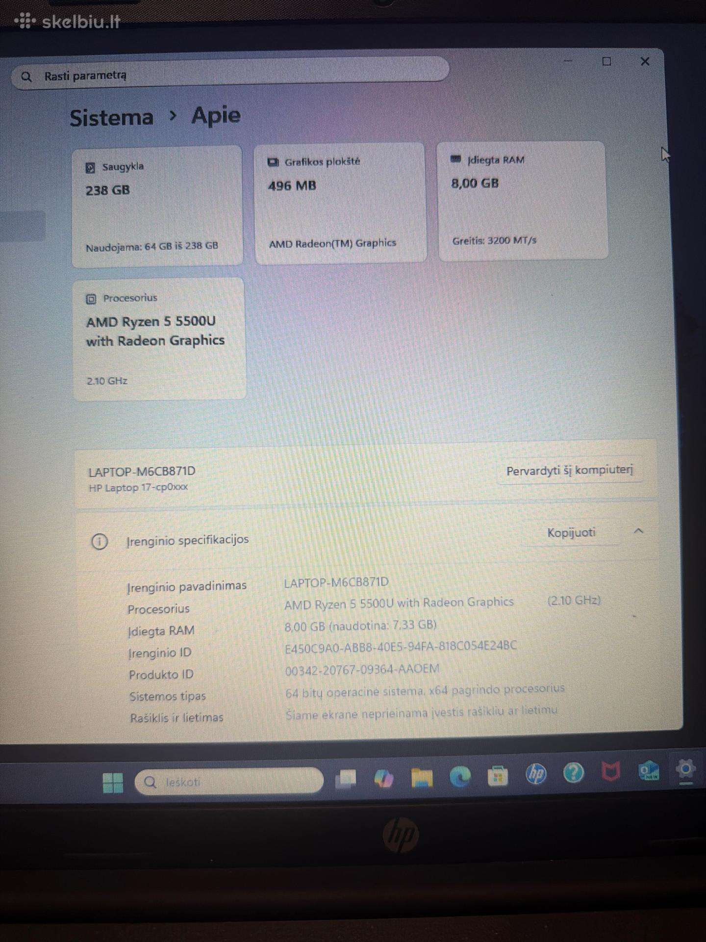Hp 17,3 nešiojamas Ryzen 5 8gb 256gb SSD