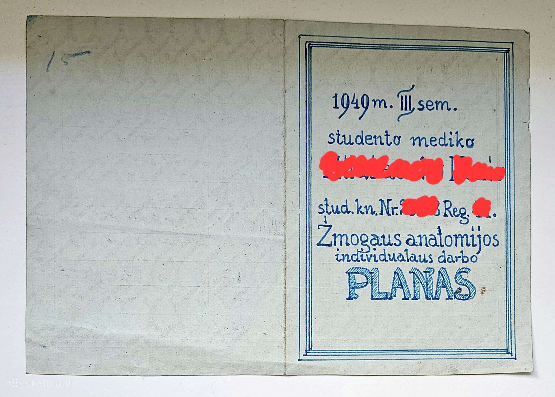 1949m. studento mediko individualaus darbo planas.