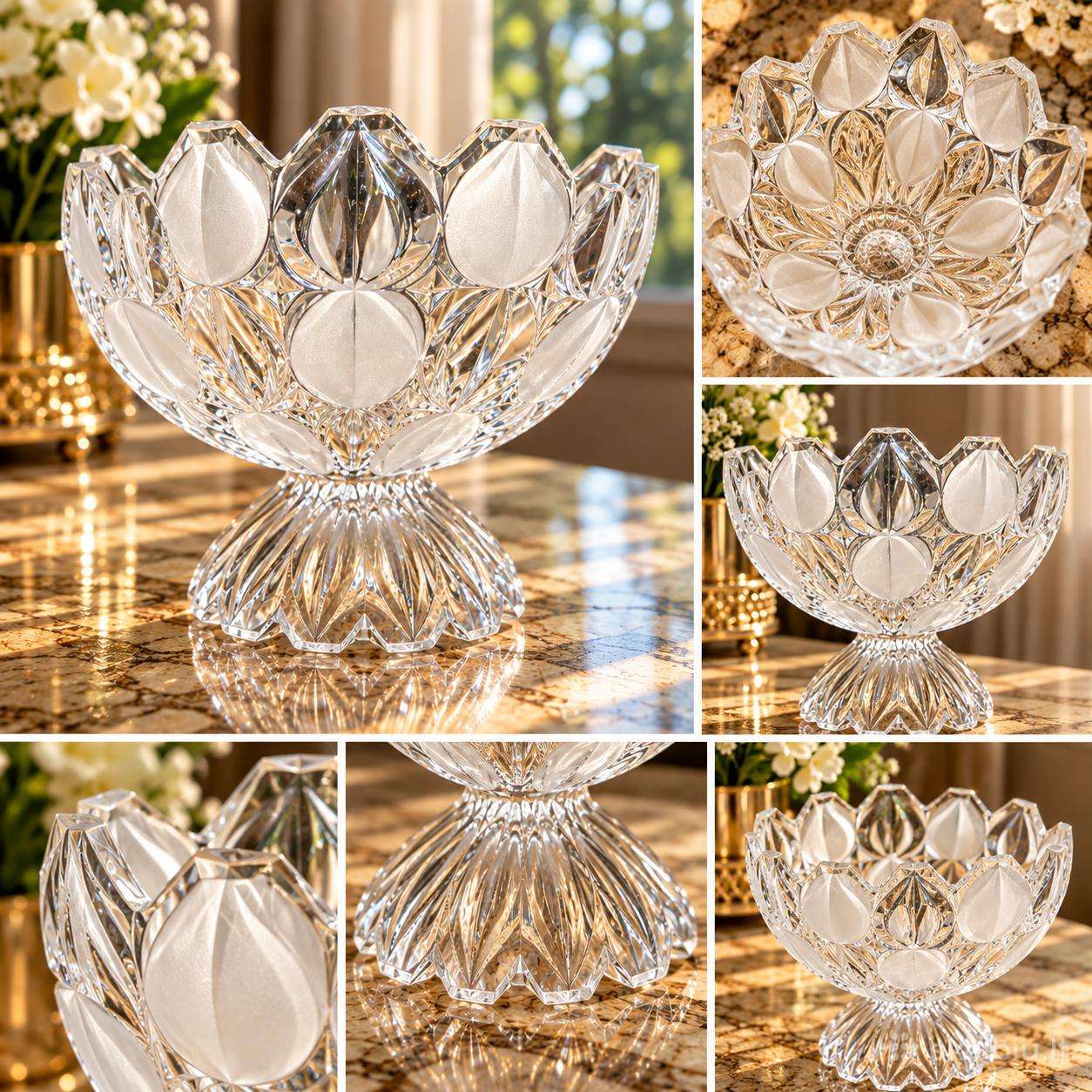Krištolinė vazelė su tulpių ornamentais ant kojelė