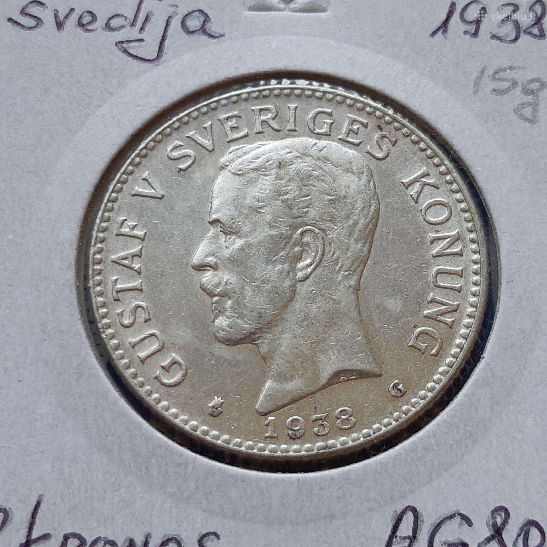 Švedija 2 kronos sidabras 1938