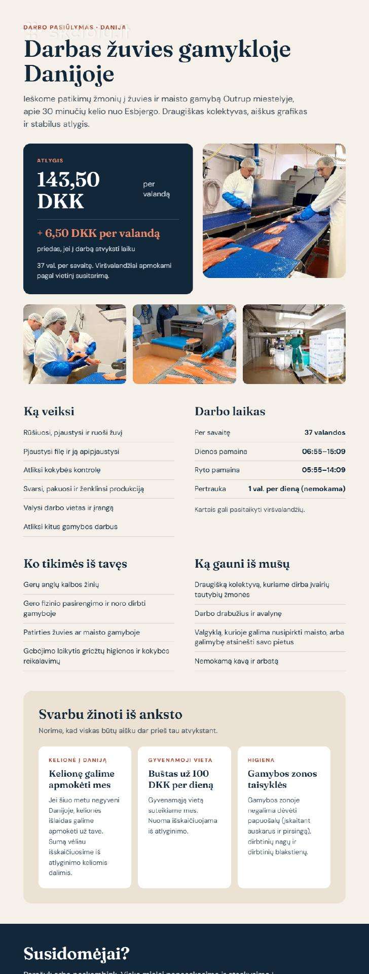 Darbas Žuvies Gamykloje Danijoje, Apmokome!