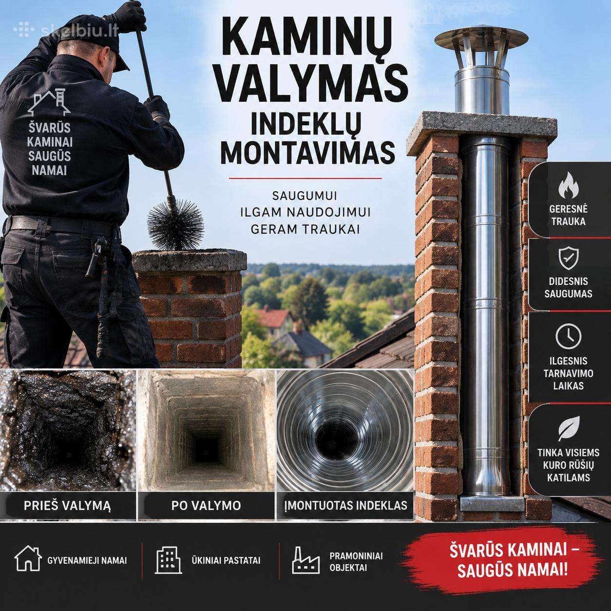Įdeklu montavimas kamynų valymas kamynų remontas