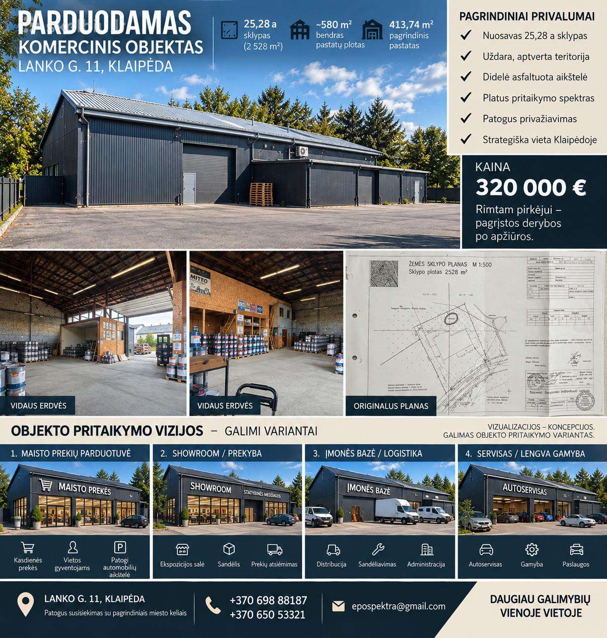 580m2 komerc. kompleksas Klaipėdoje+25,28a sklypas