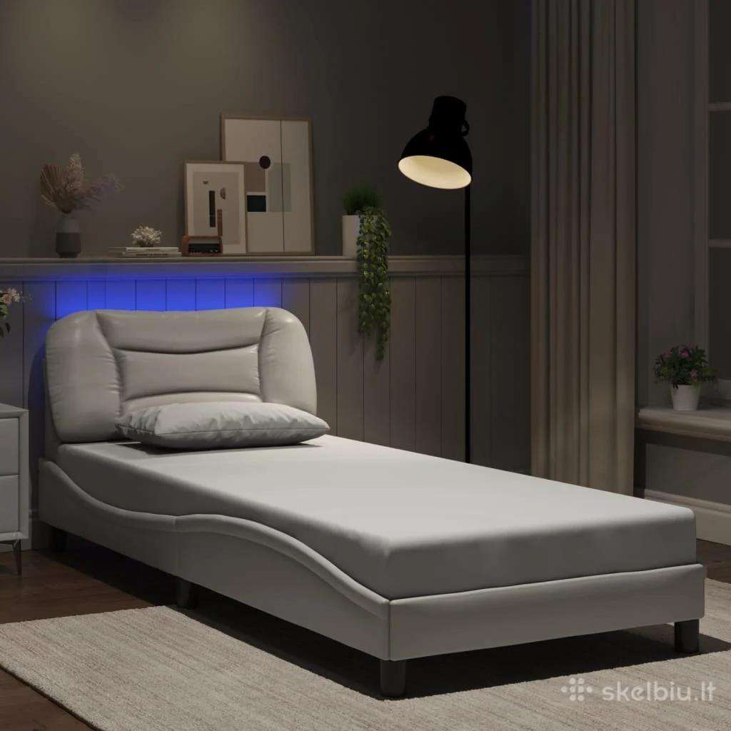 Lova 90x190 su LED, su čiužiniu, baltos spalvos