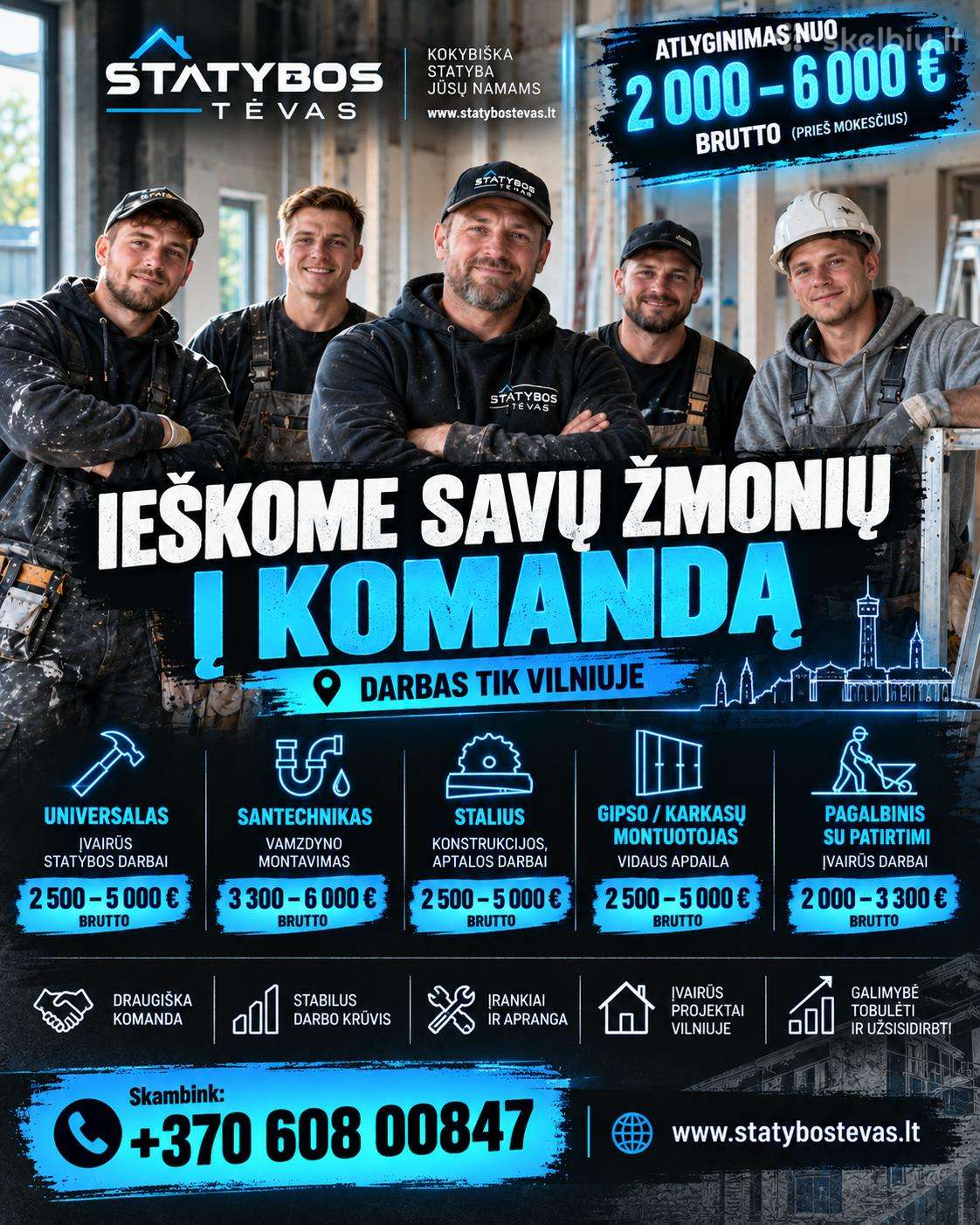 Statybos darbai Vilniuje atlygis nuo 2000 iki 6000