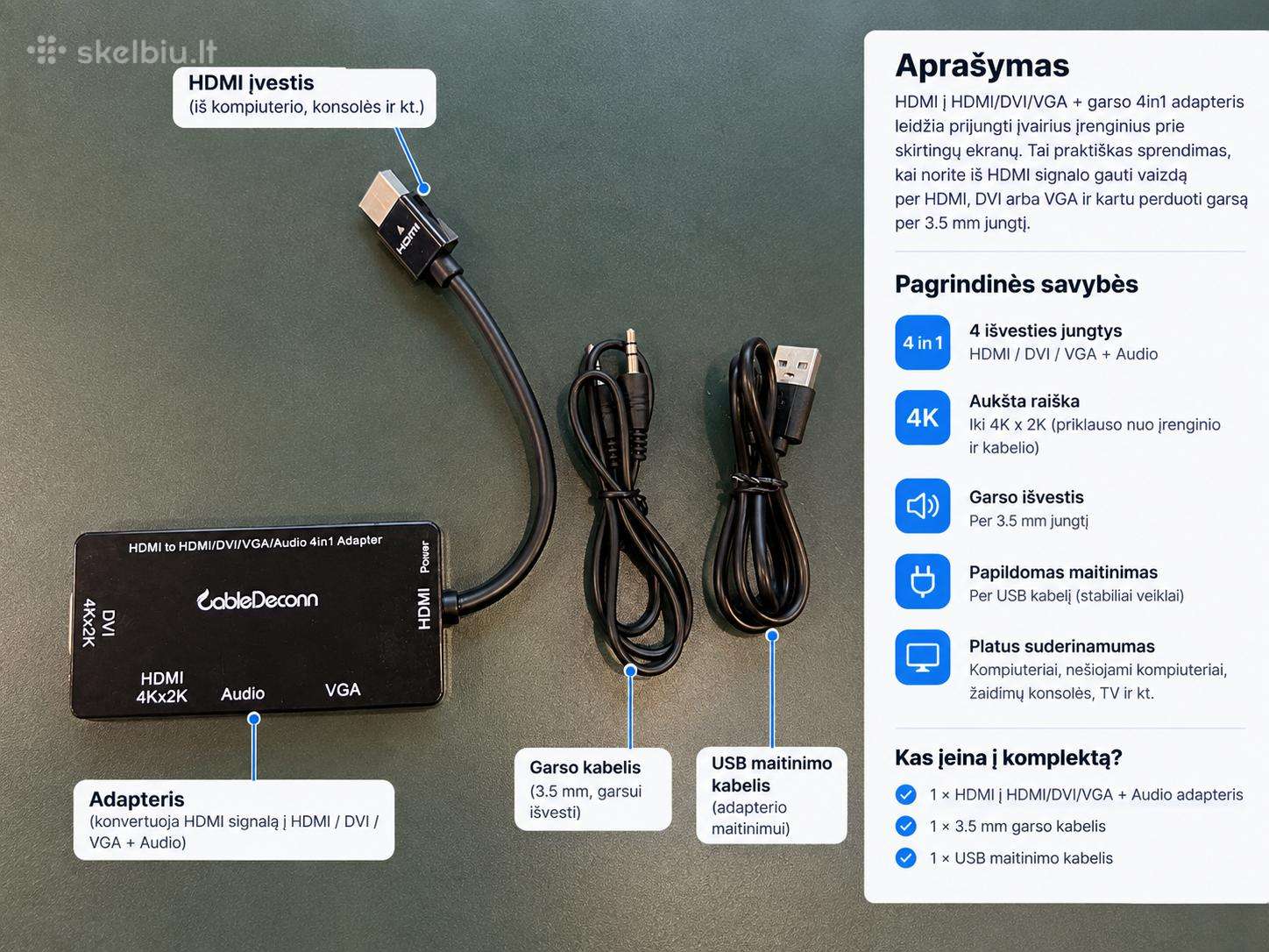 Hdmi į Hdmi/dvi/vga + Audio 4in1 adapteris
