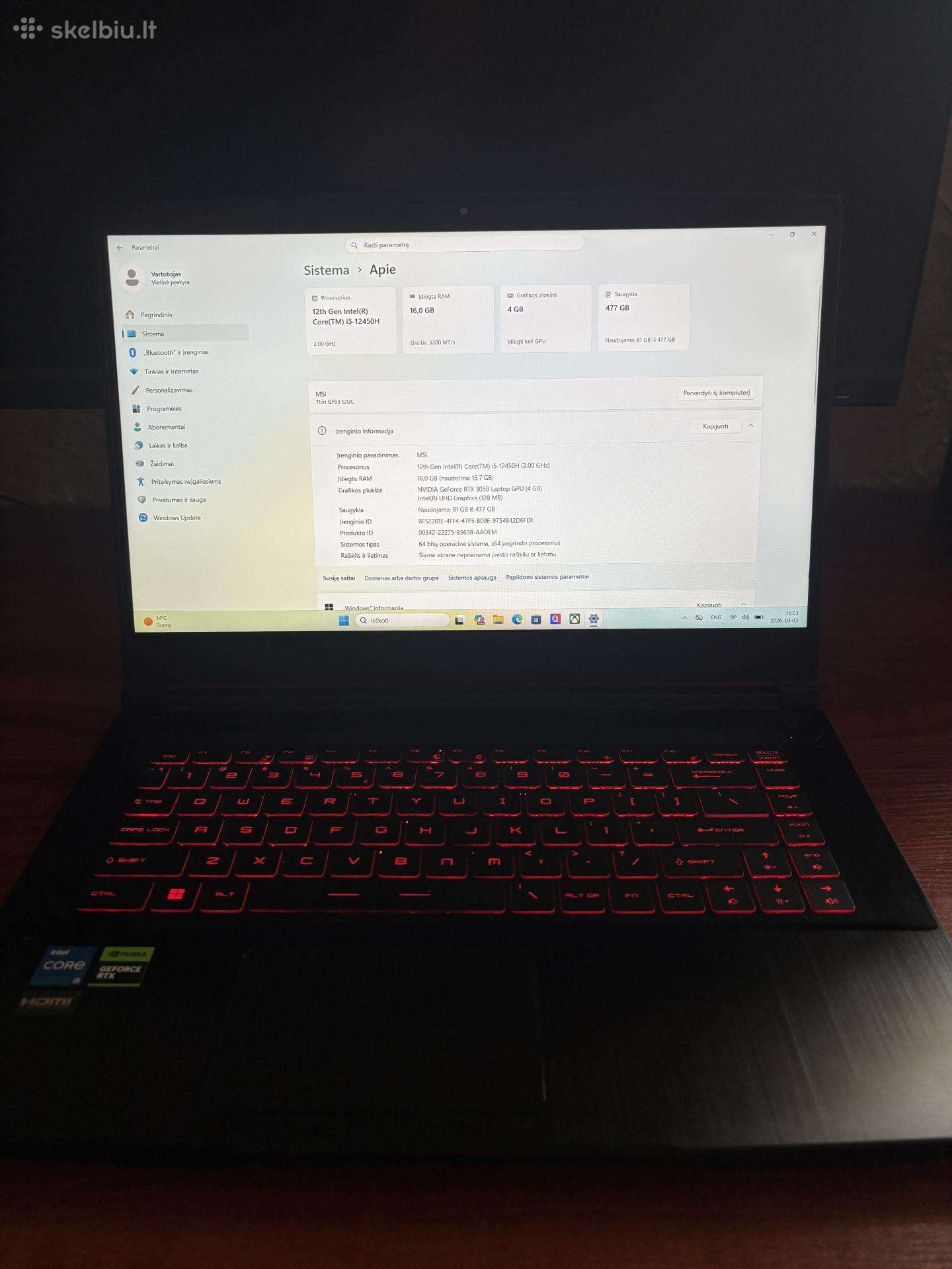 Msi Thin Gf63 12uc/i5-12450h/ Rtx 3050/16gb/ 512gb