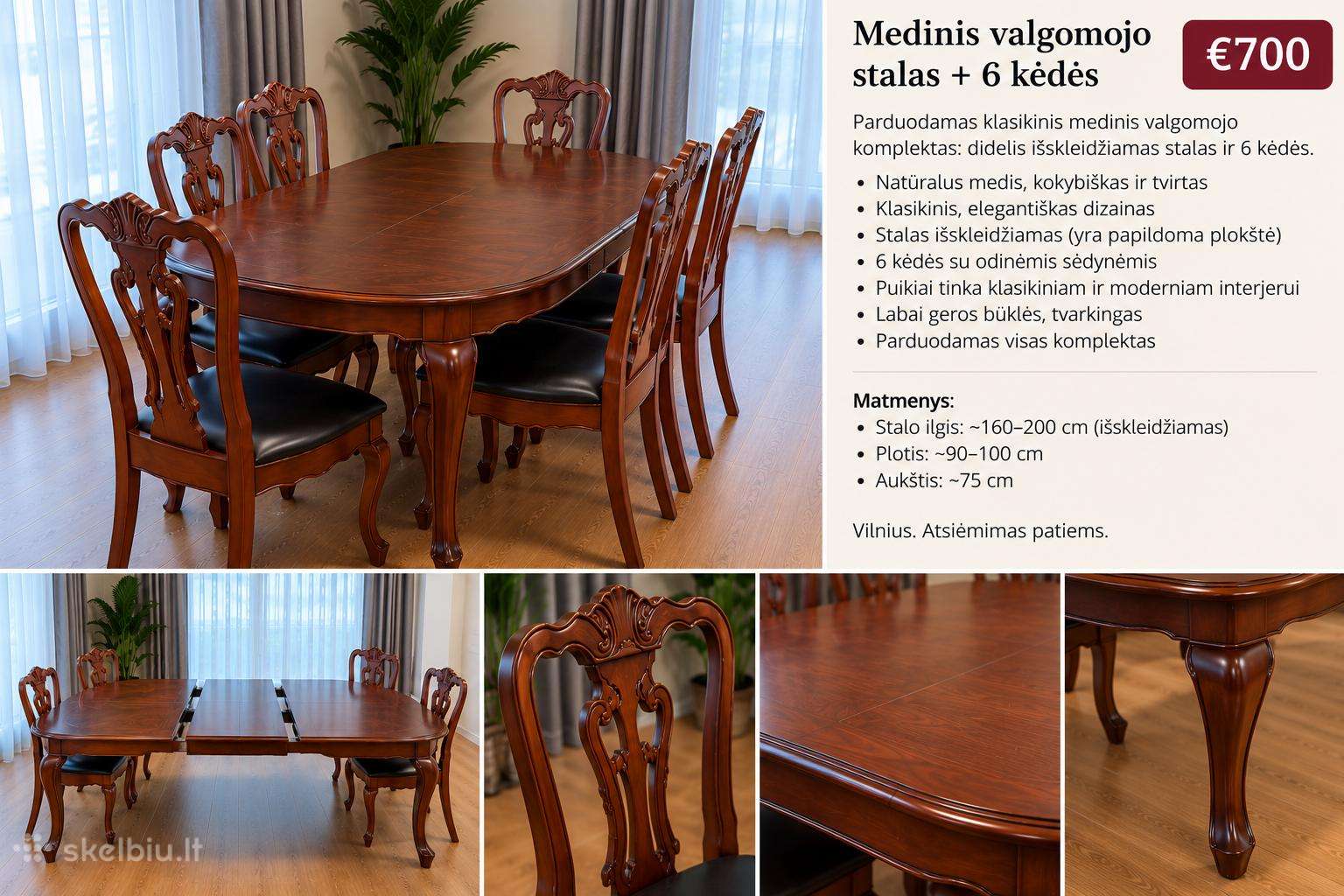 Natūralaus medžio valgomojo stalas + 6 kėdės