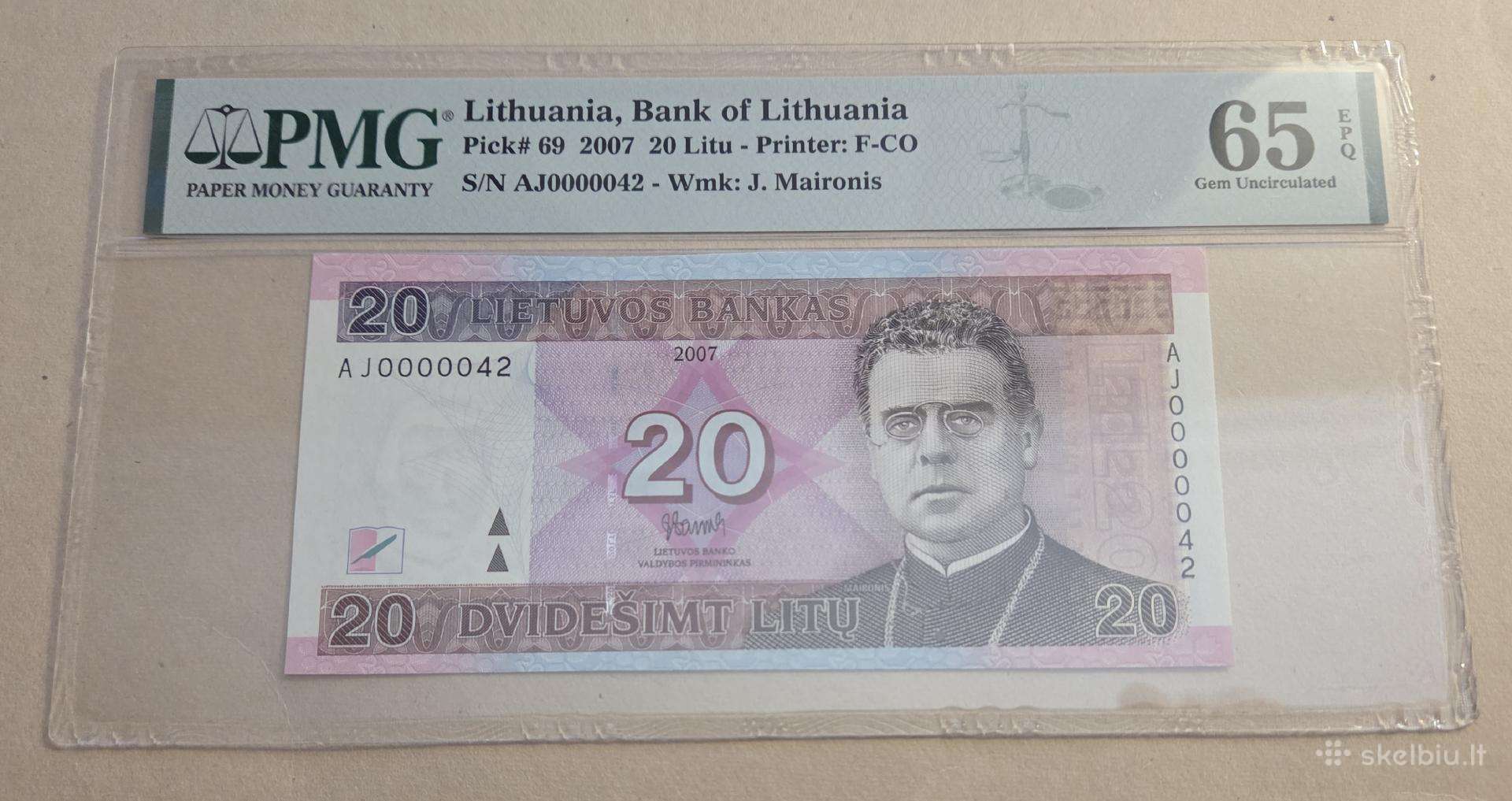 20 Litų 2007 m. Aj0000042 Pmg65