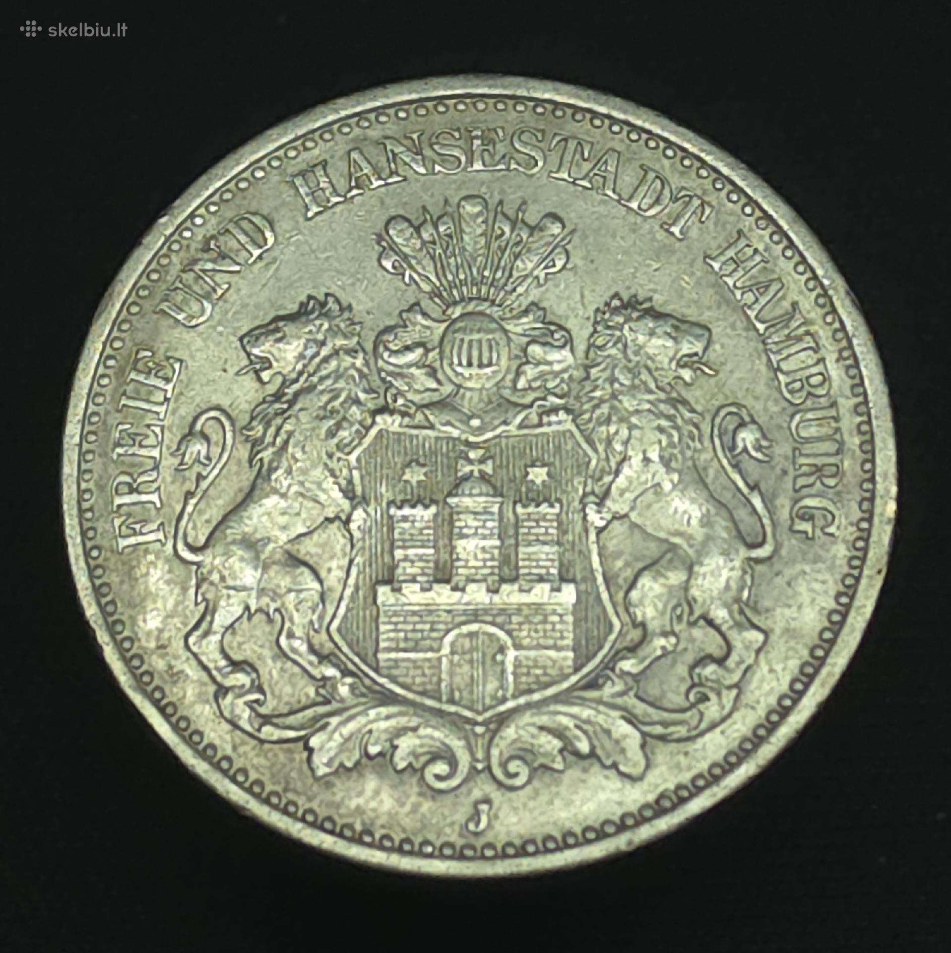 Sidabrinė moneta 2 markės (Hamburgas) 1907 m. (J)