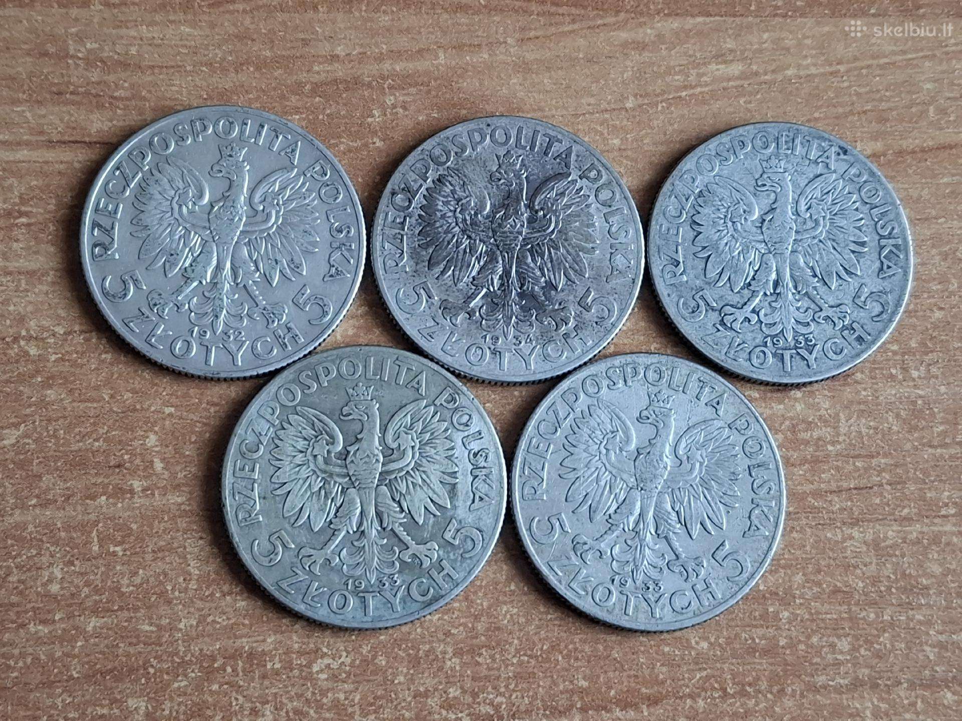 5vnt. 5 zlotų sidabrinių monetų