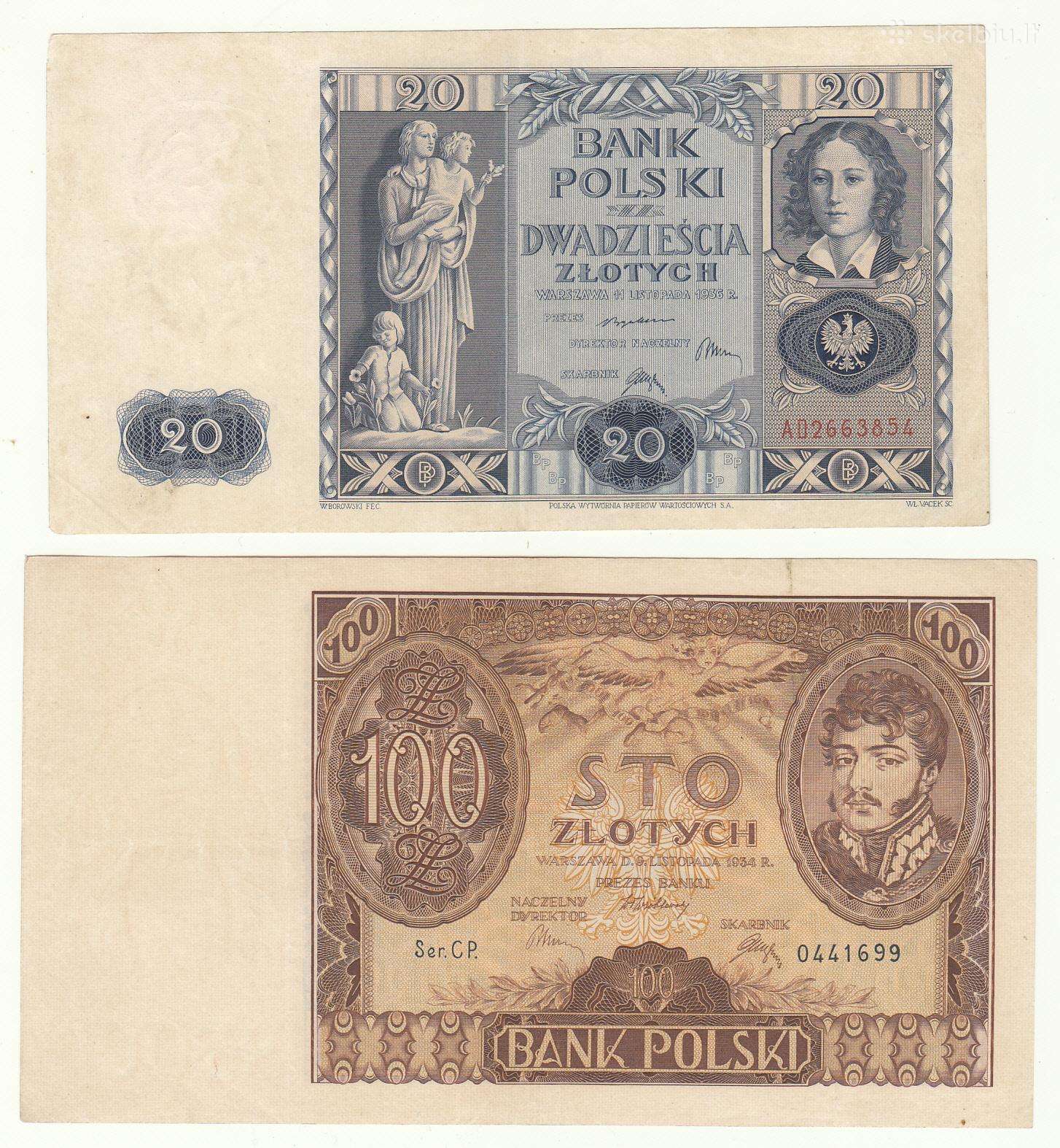 Lenkija 20 ir 100 zlotų.