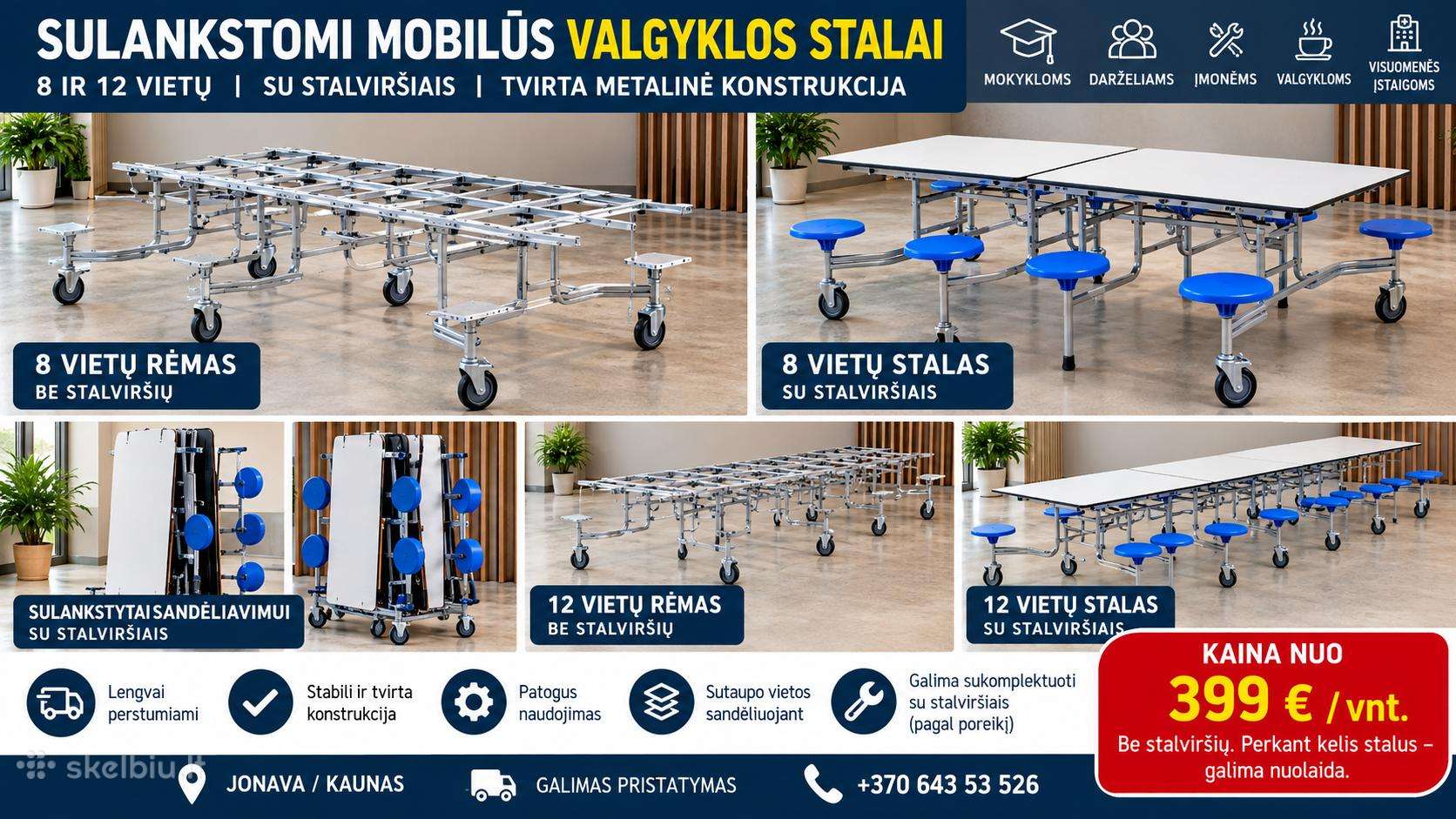 Nauji, nenaudoti mobilūs sulankstomi stalai