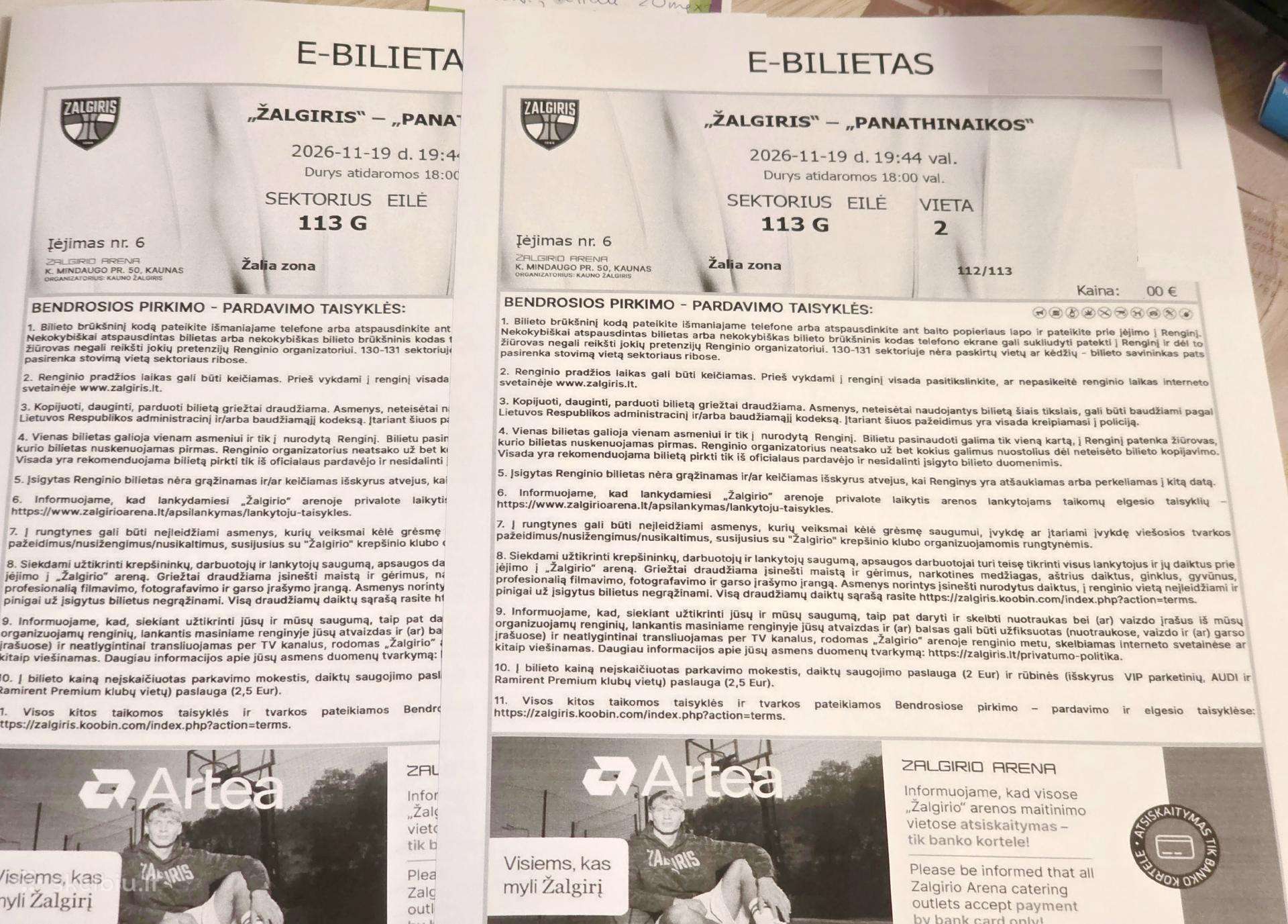 2 bilietai į Žalgiris-panathinaikos lapkričio 19 d