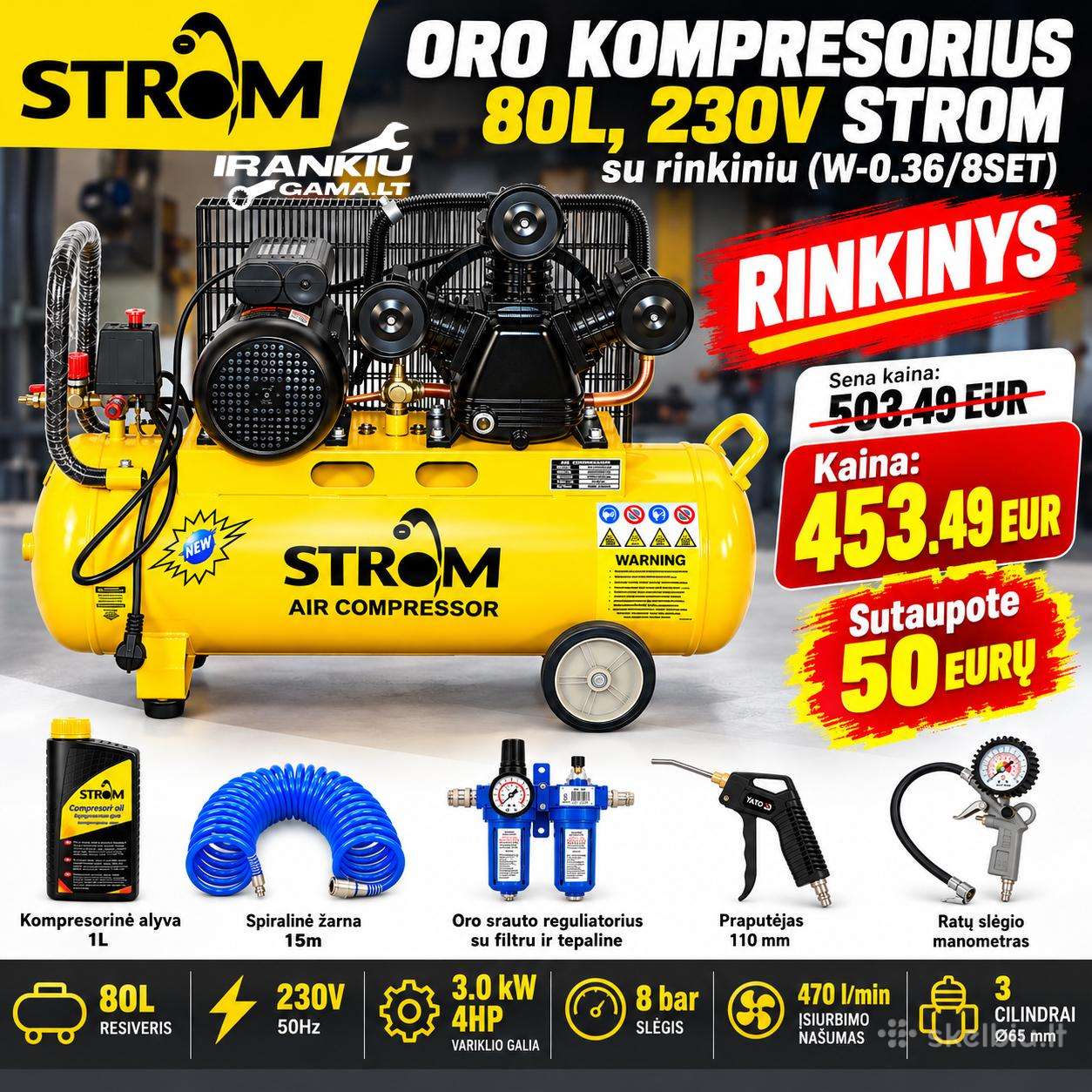Oro kompresorius 80l, 230v Strom su rinkiniu