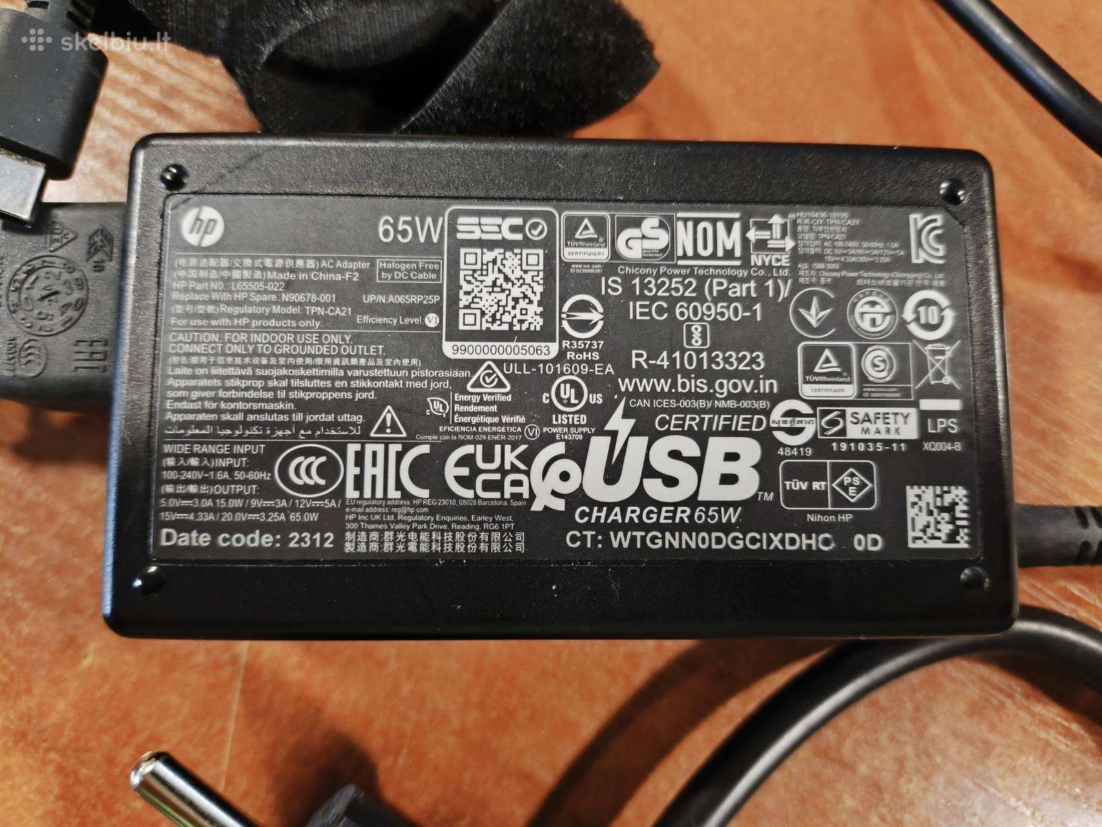 Originalus Hp įkroviklis 65w Type C su garantija
