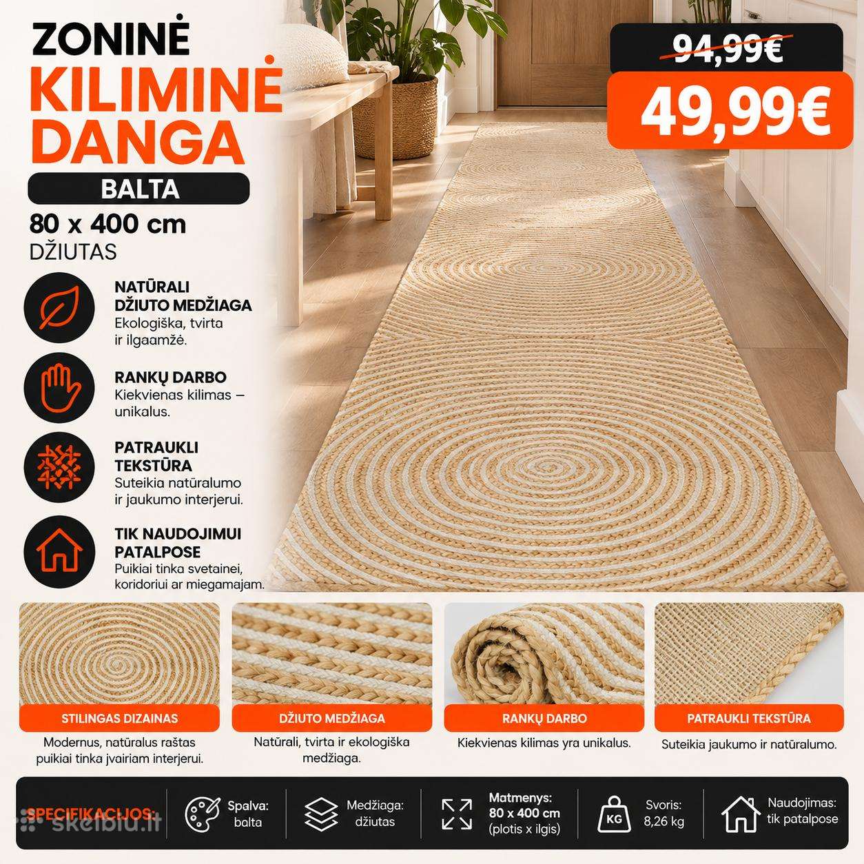 Zoninės kiliminės dangos Balta 80 x 400 cm Džiutas