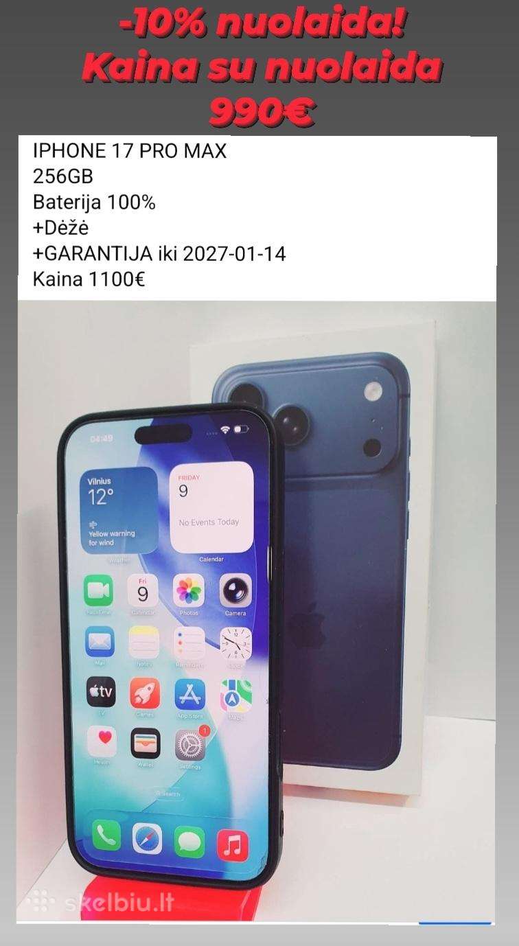 iPhone 17 Pro Max +Garantija, 100% baterija, 256gb