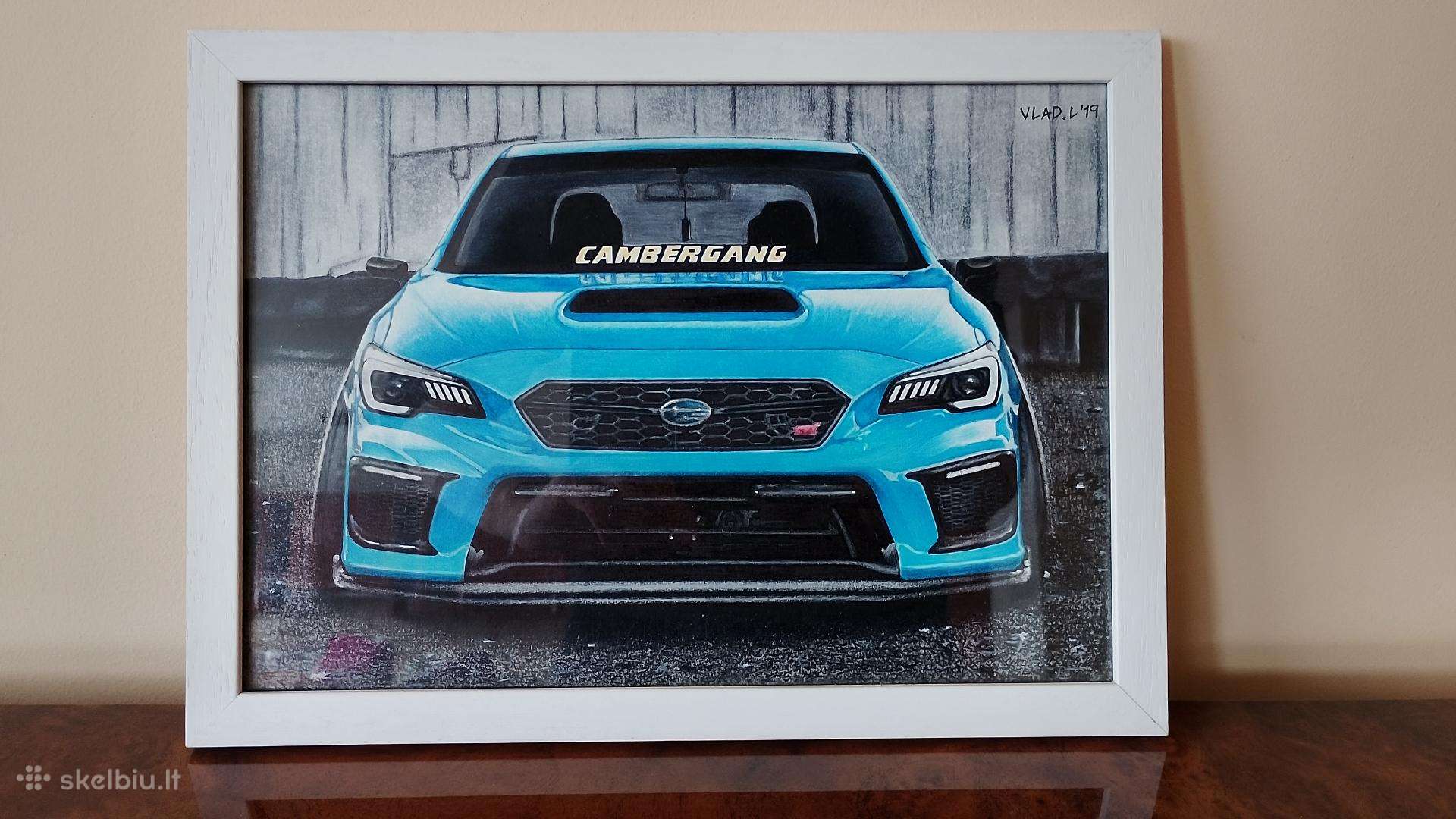 Rankų darbo Subaru Sti piešinys su rėmeliu (A4)