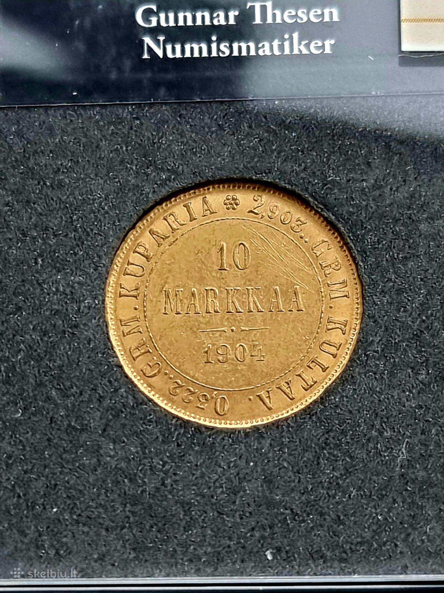 Auksinė moneta Suomijos 10 Markų, 1904m. (L)