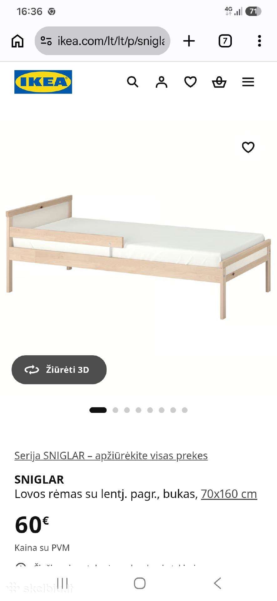 Vaikiška lova 70x160cm, Ikea Sniglar 19740