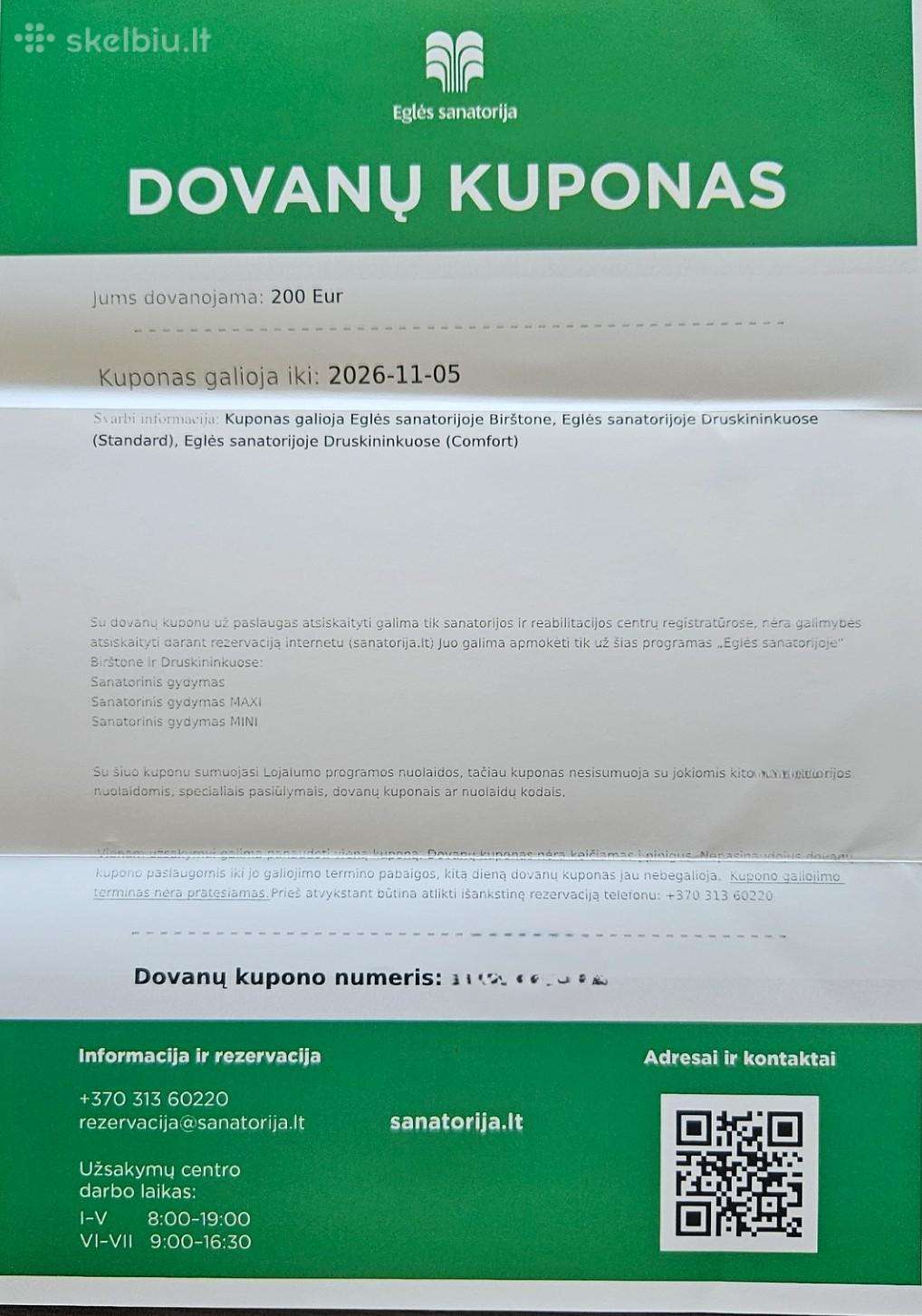 Dovanu kuponas Egles sanatorijoje verte 200eur