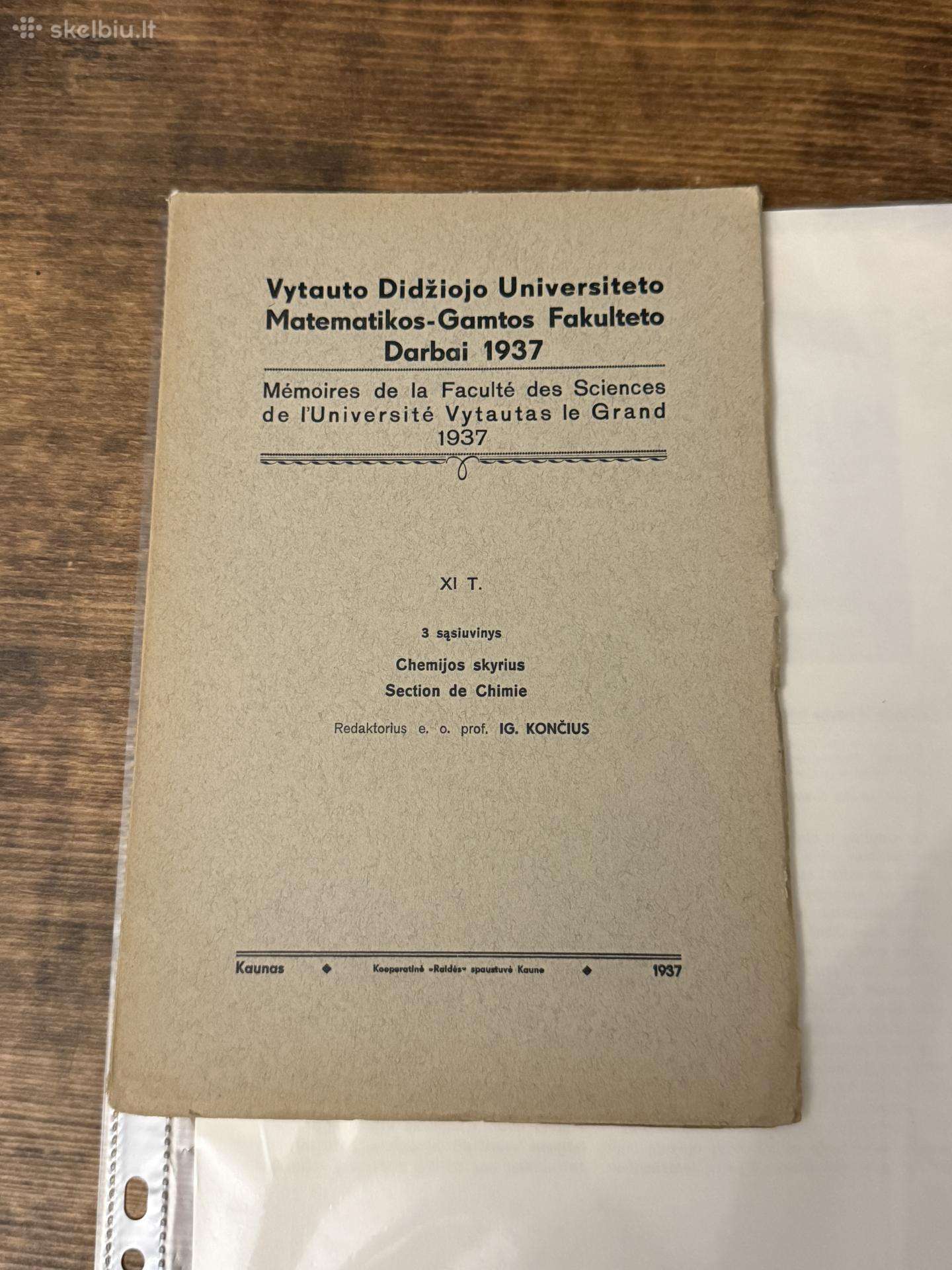 Chemijos skyrius. Universiteto darbai 1937 m.