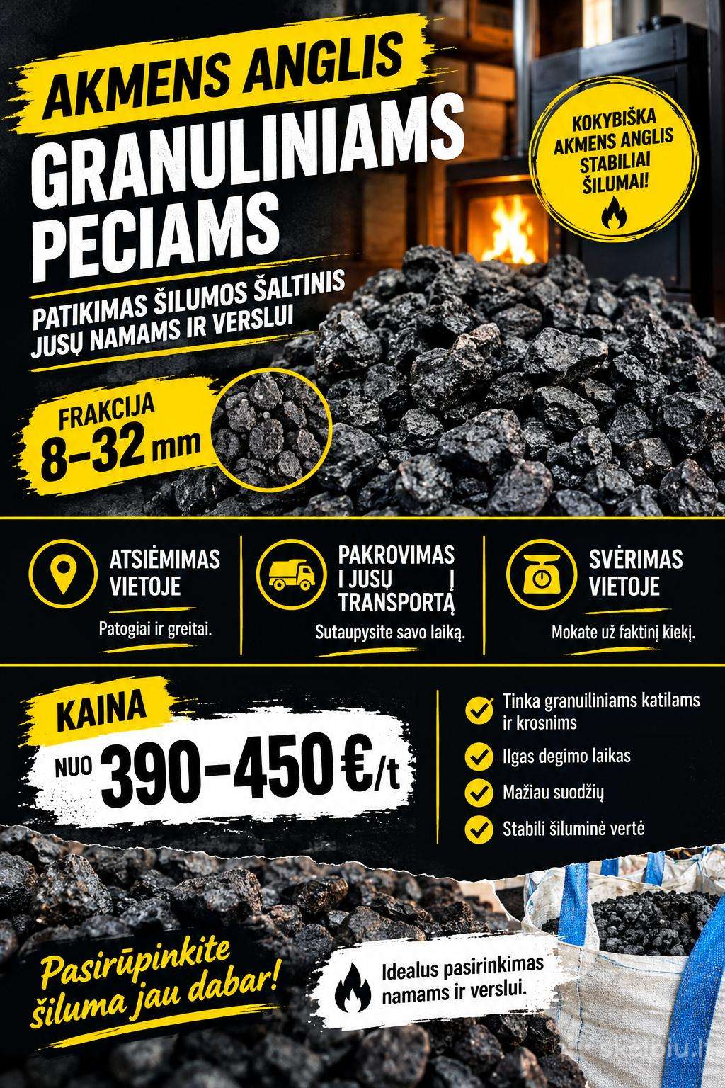 Akmens anglis granuliniams pečiams