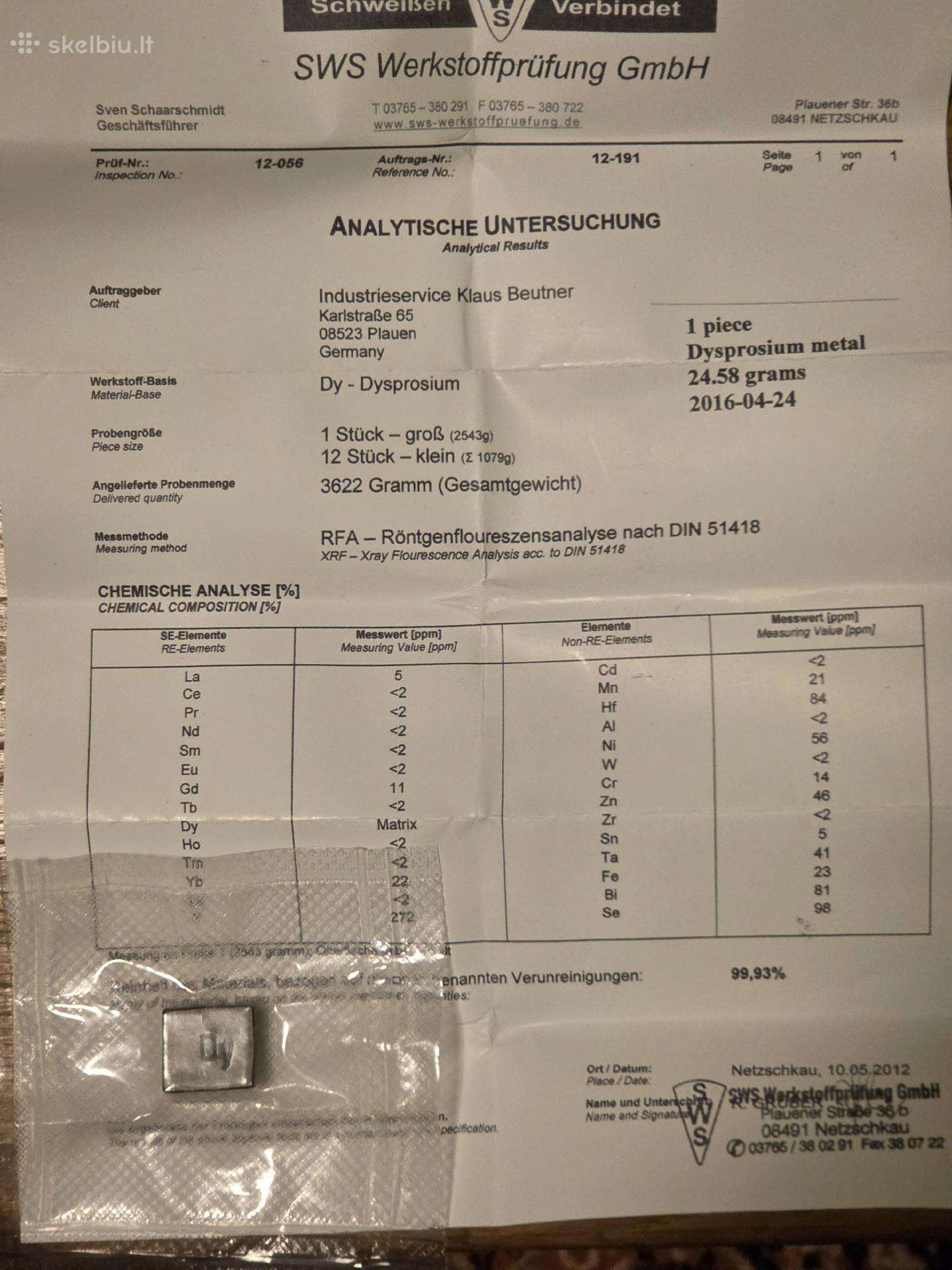 999 Dysprosium metal, disprozis