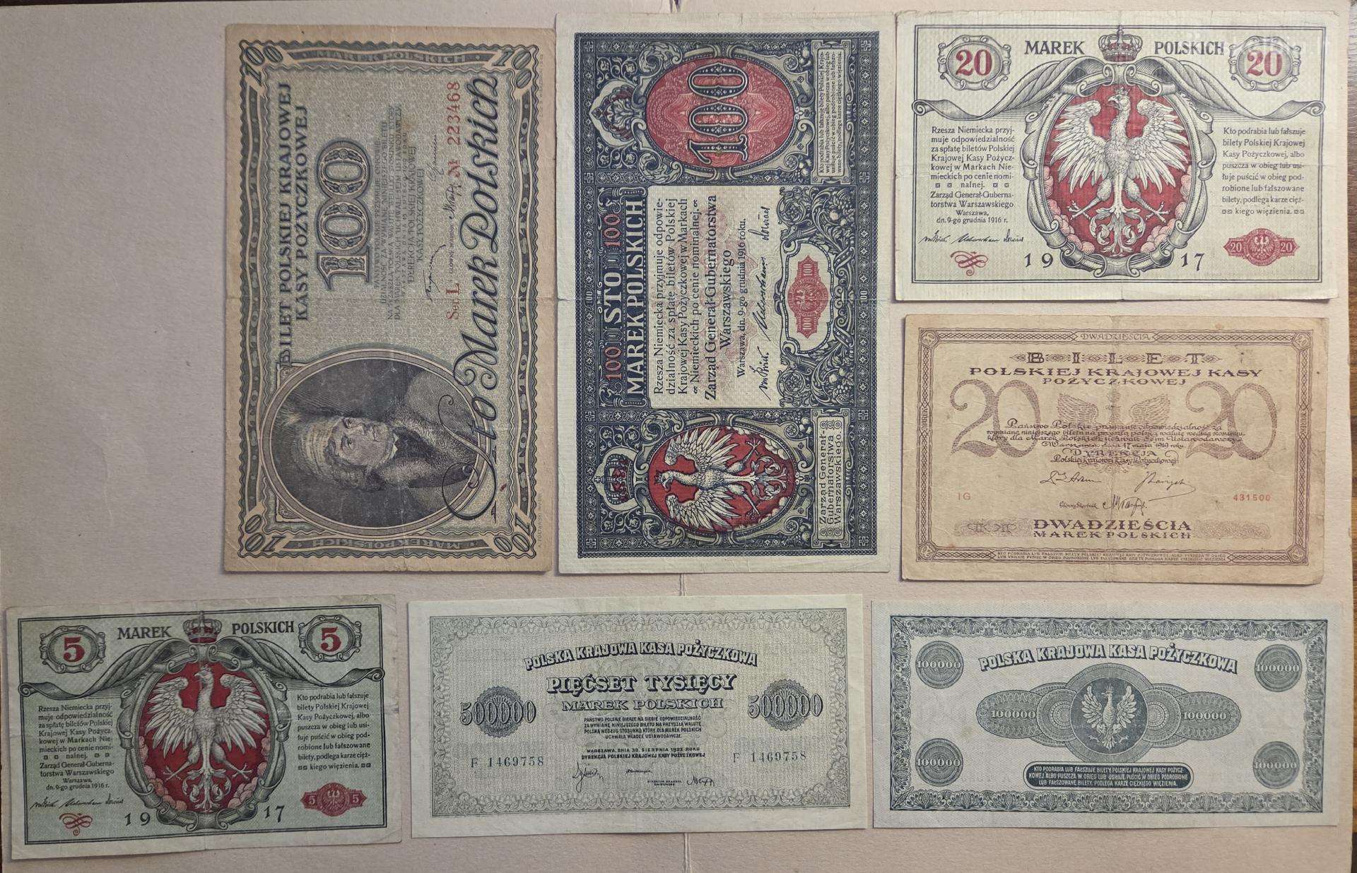 7 vnt Lenkiški Banknotai, kursavę ir Lietuvoje