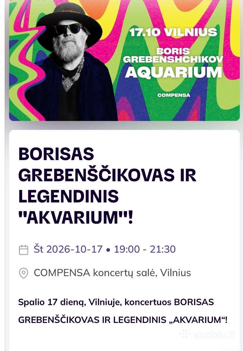2 bilietai į Boriso Grebenščikovo koncertą