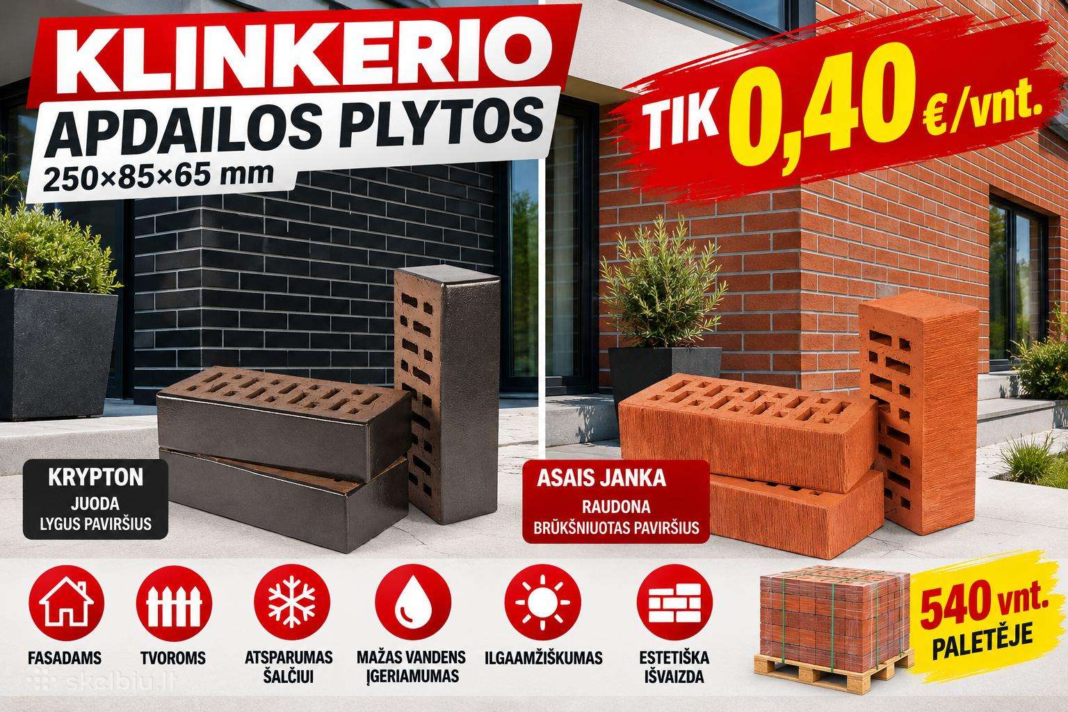 Klinkerio apdailos plytos 250x85x65 mm – 0.40 eur