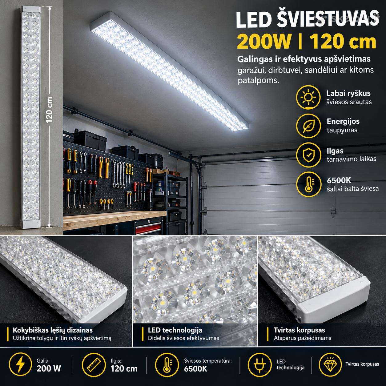 3 eiliu lešines LED lempos 200w
