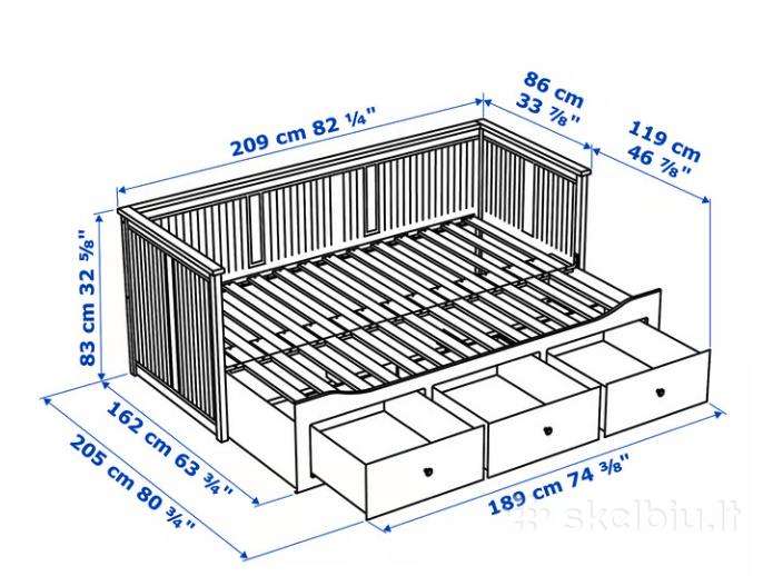 Lova Ikea Hemnes Kušetės rėmas su 3 stalčiais, bal